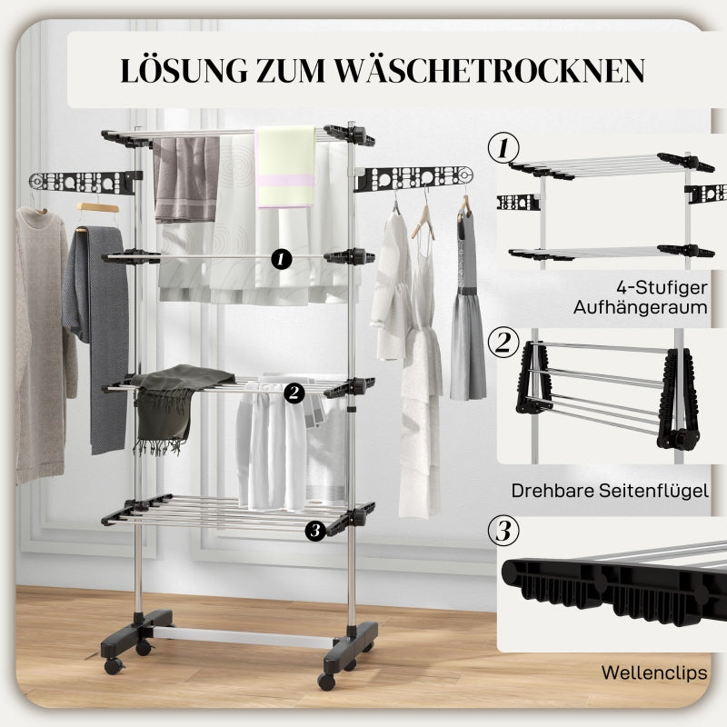 Wäscheständer, 5-stufig, faltbar, Ein-Klick-System, Schwarz + Silber