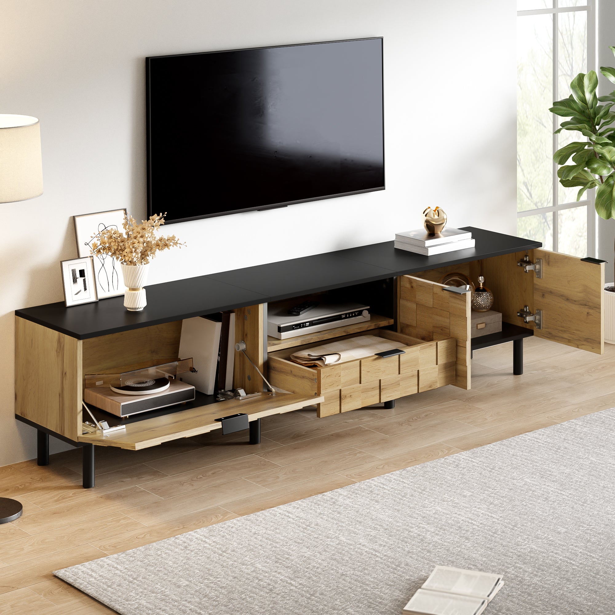 Mosaic TV Cabinet with 2-Door Drawer and Open Compartment, Wood Look Chipboard