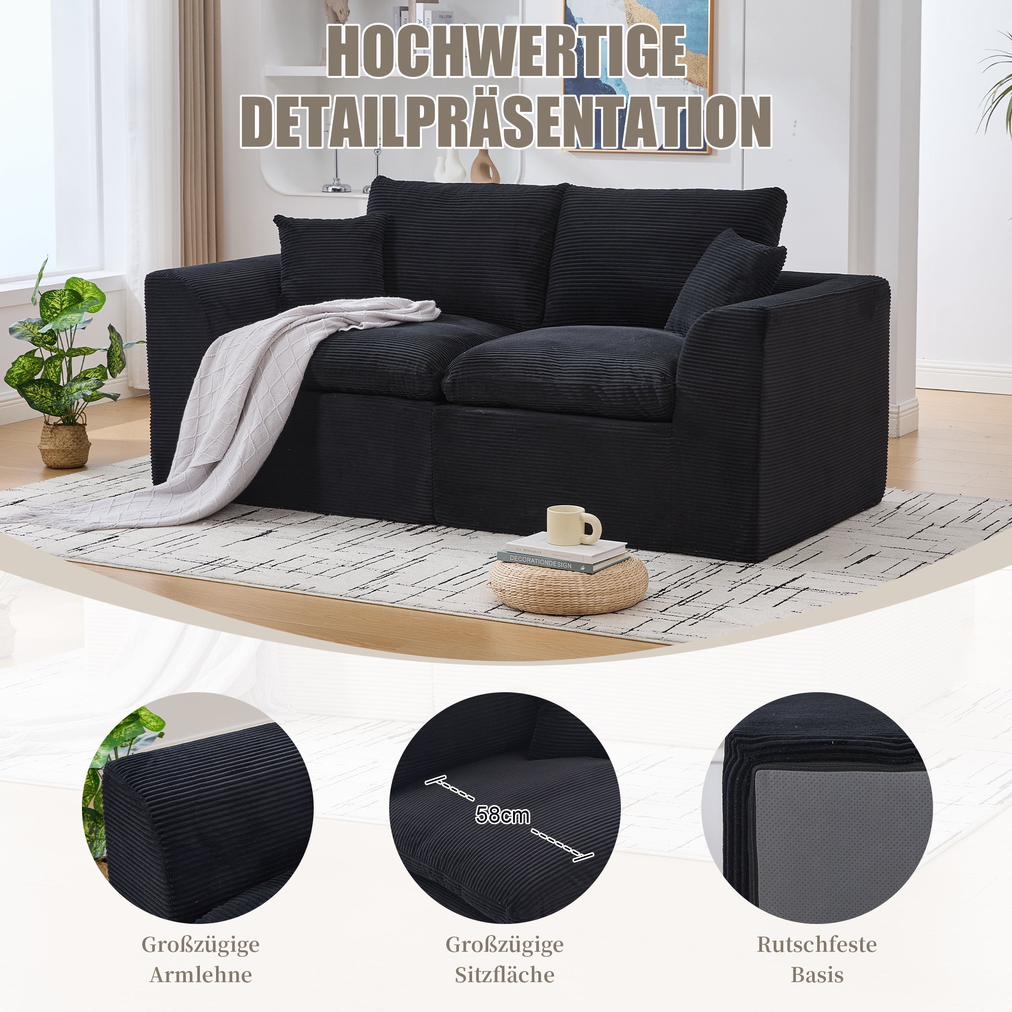 Modern Two-Seater Sofa, Nordic-Style Comfortable with Cushions, Fabric