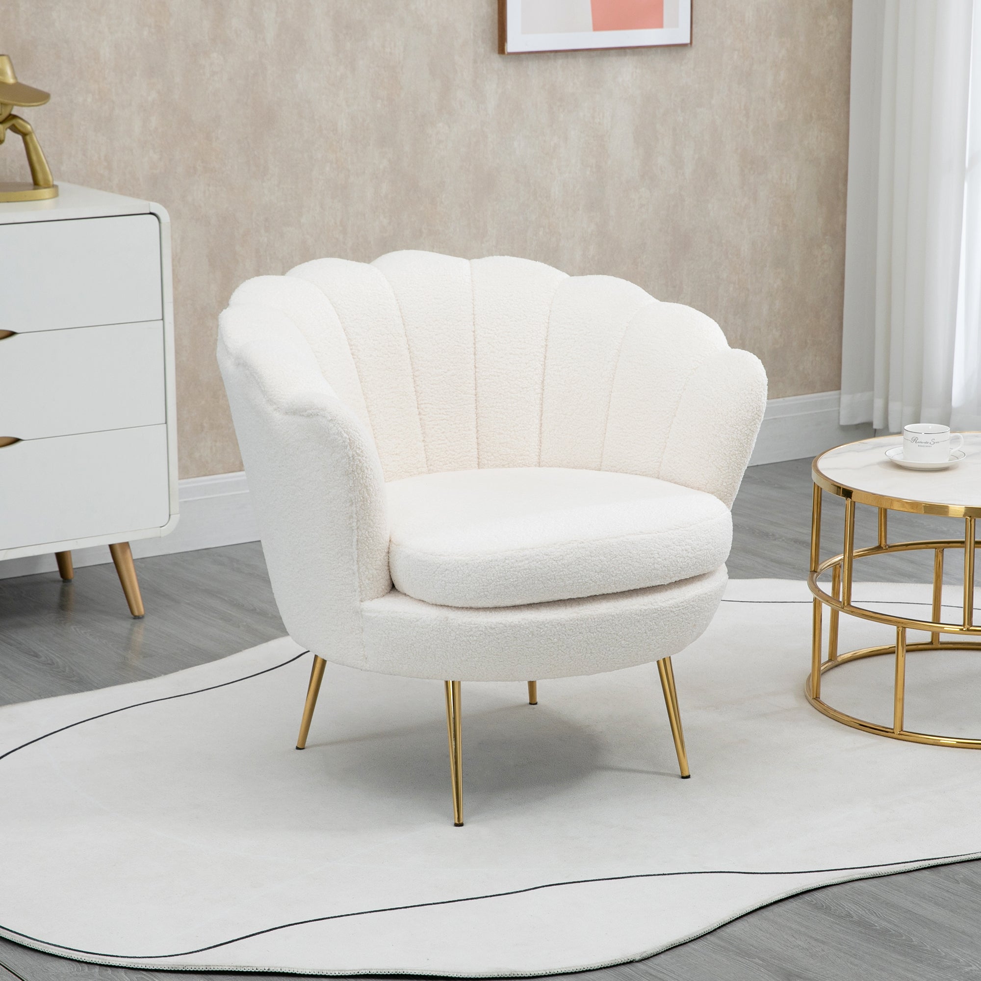 Armchair, Upholstered Shell-Shaped Recliner, Fleece, White