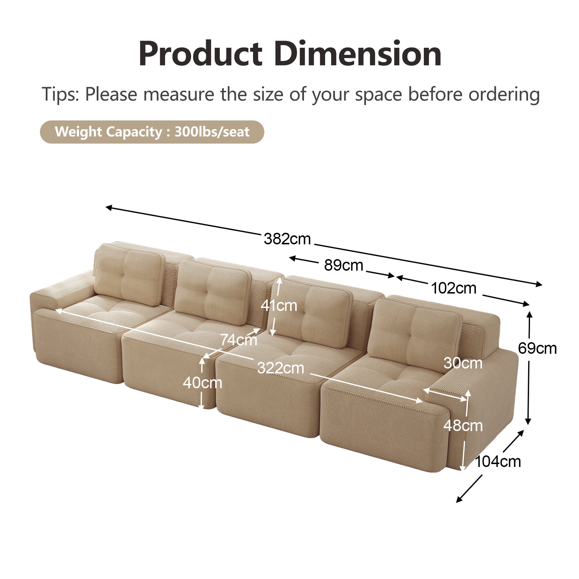 Boneless Sofa Modular 4-Seater Deep Seat Assembly-Free Corduroy Beige