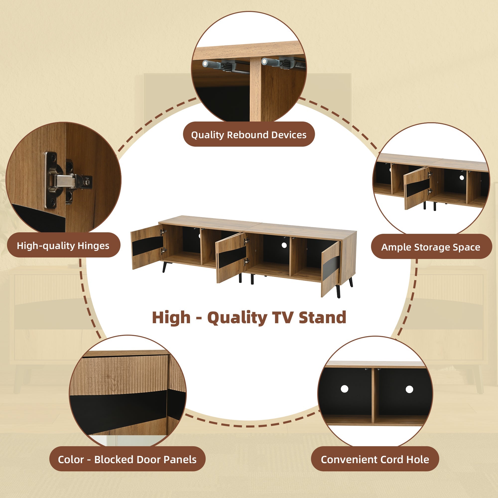 TV Cabinet, 180x40x50cm, 4 Cabinets, Symmetrical Design, Wood & Black