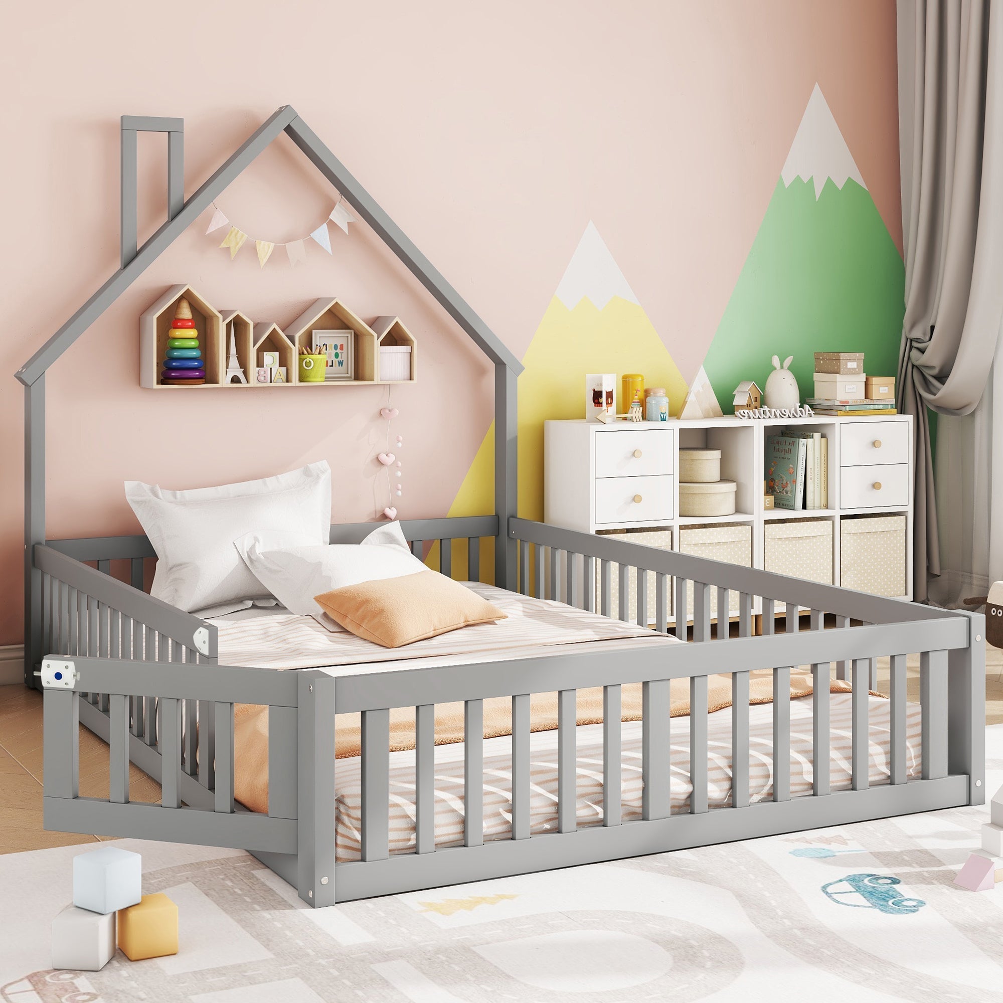 Children's Upholstered Bed with Chimney Shape and Slatted Base, 140x190cm, Grey Pine Wood