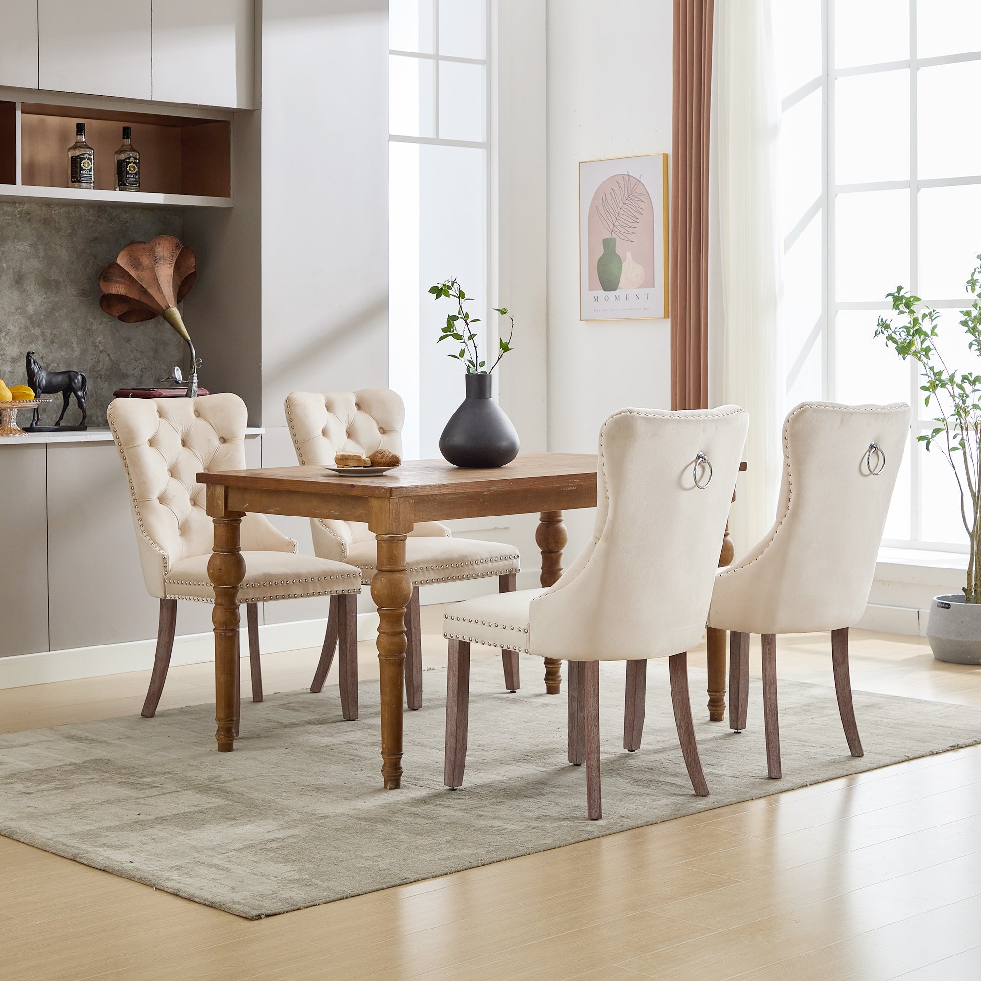 Modern Set of 4 Upholstered Dining Chairs with Button Tufted Velvet, Brushed Wood Legs, Riveted Trim, and Knocker Ring, Beige