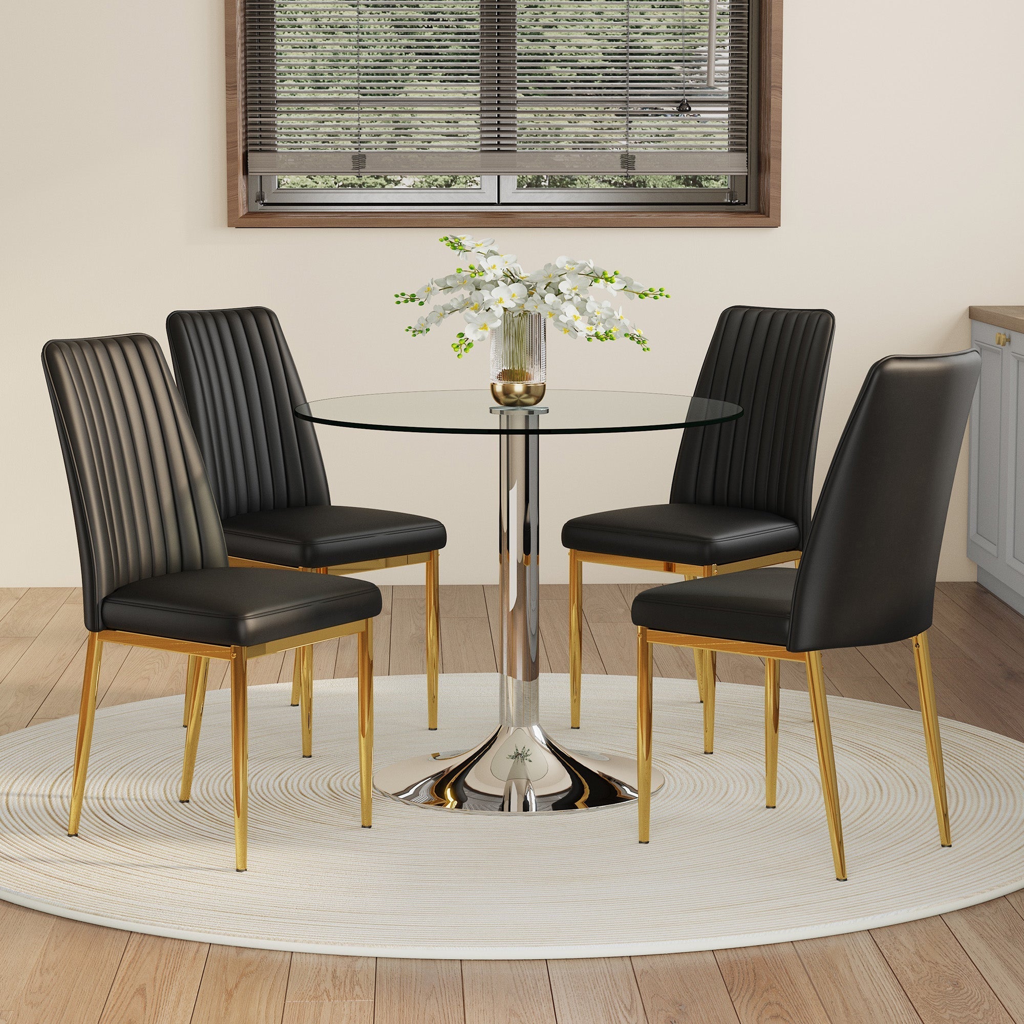 Dining Table Set Modern Minimalist Glass Table Ø85cm with 4 Chairs - Faux Leather Black
