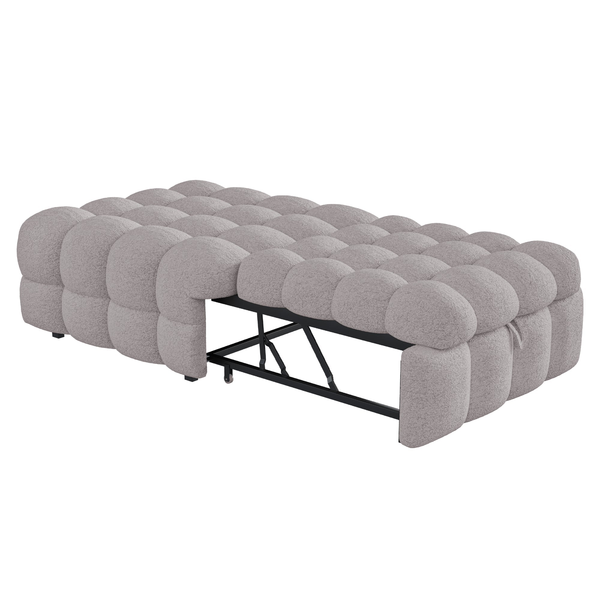 Upholstered Bed 2-in-1 Footstool Pull-Out Single Sofa Teddy Fabric Grey