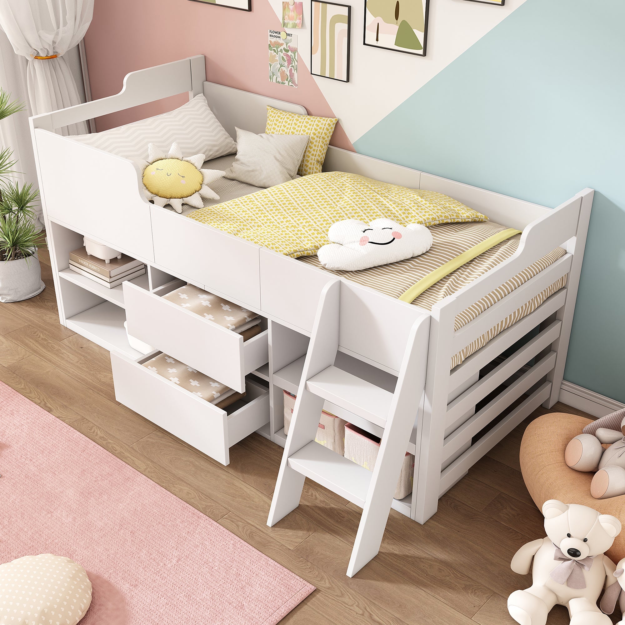 Cabin Bed Mid Sleeper, Storage Kids Wooden Bed with Drawers & Shelf, Low Sleeper 3ft Single, White Wood