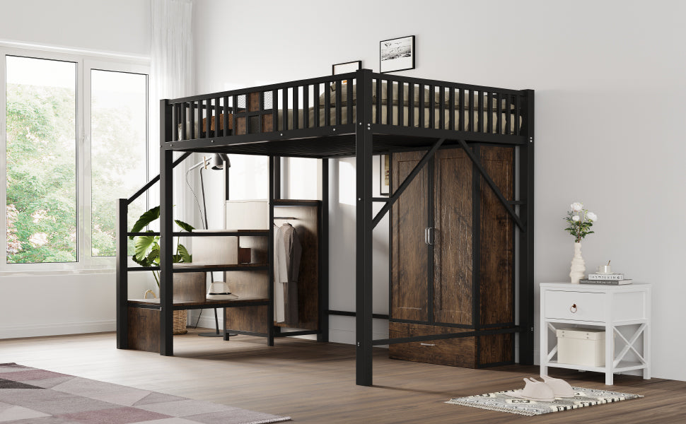 Metal Loft Bed 140x200cm, Wardrobe, Drawers & Storage Ladder, Black Wood & Metal