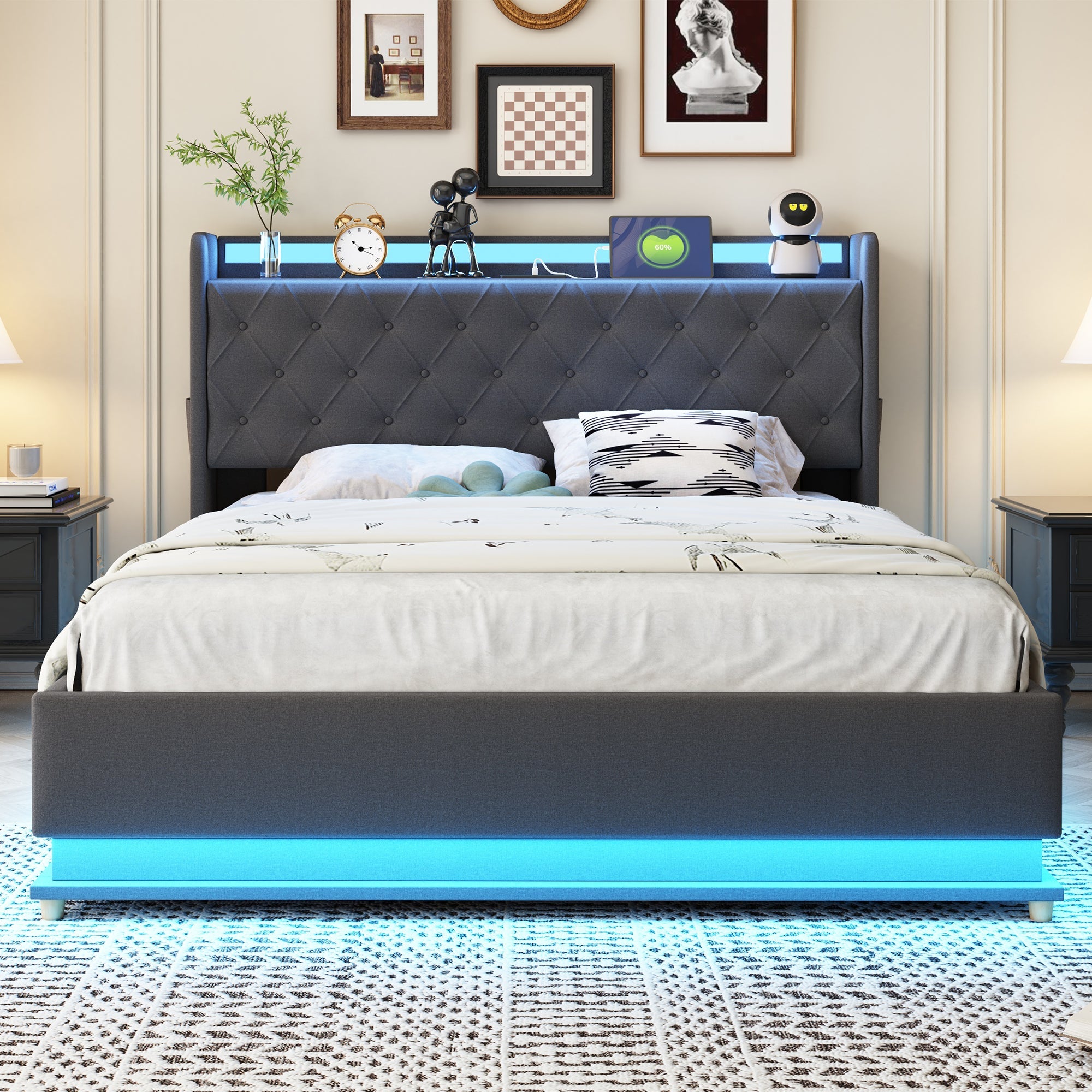 LED Upholstered Bed, USB Charging & Hydraulic Storage, Linen Fabric Gray