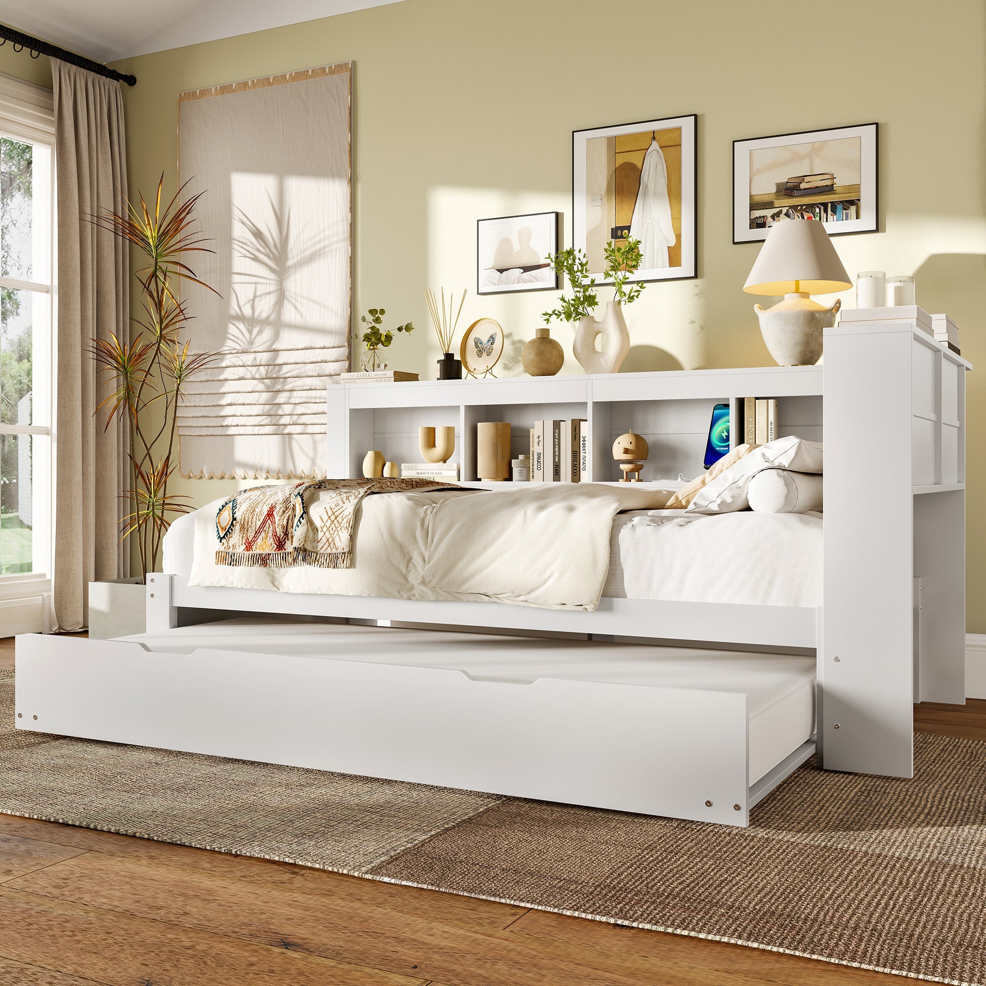 Daybed with Pull-Out Bed, 90x200cm, Power Outlet and 2 USB Ports, White Chipboard