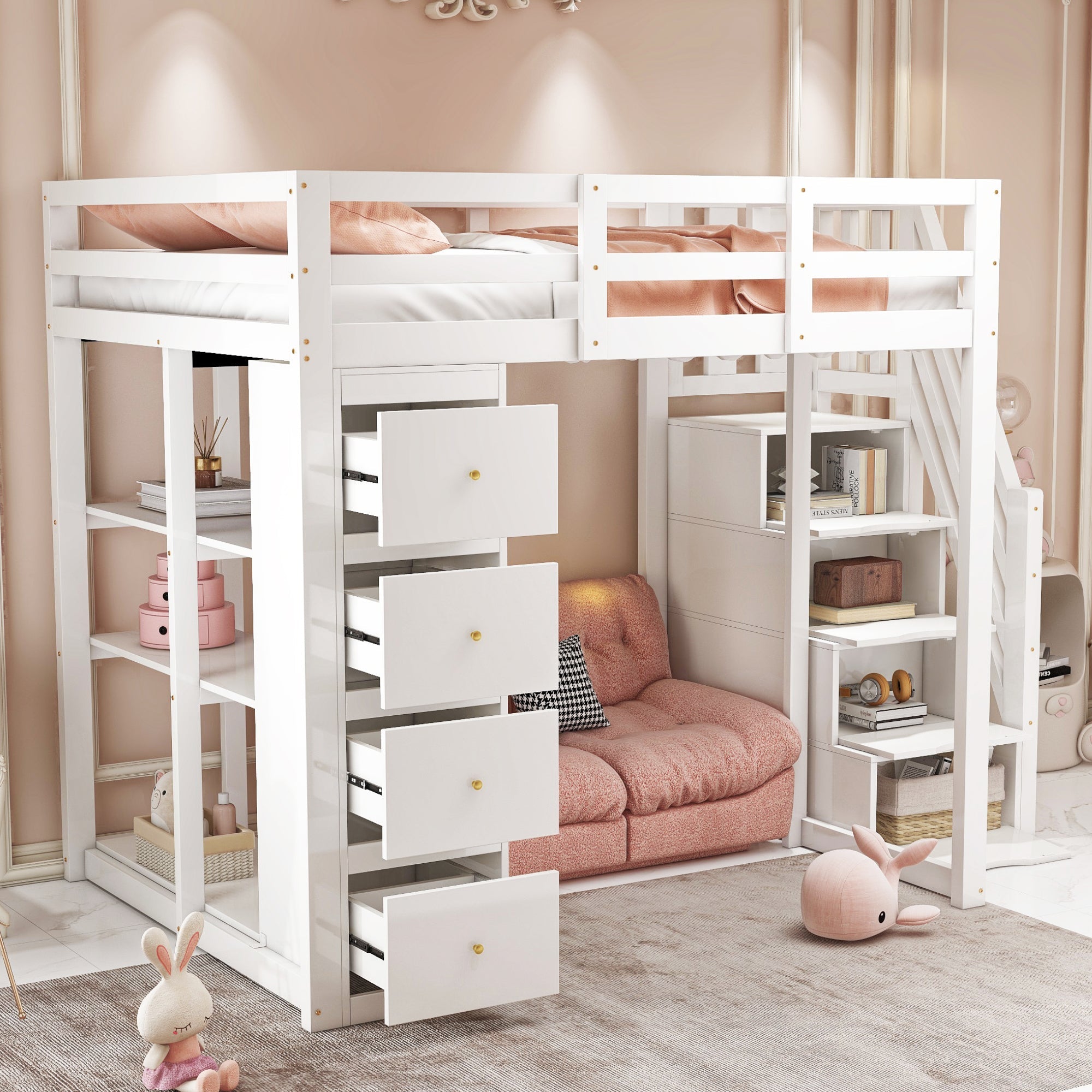 Loft Bed, 140x200cm with Storage, Ladder & Shelves, White Solid Wood