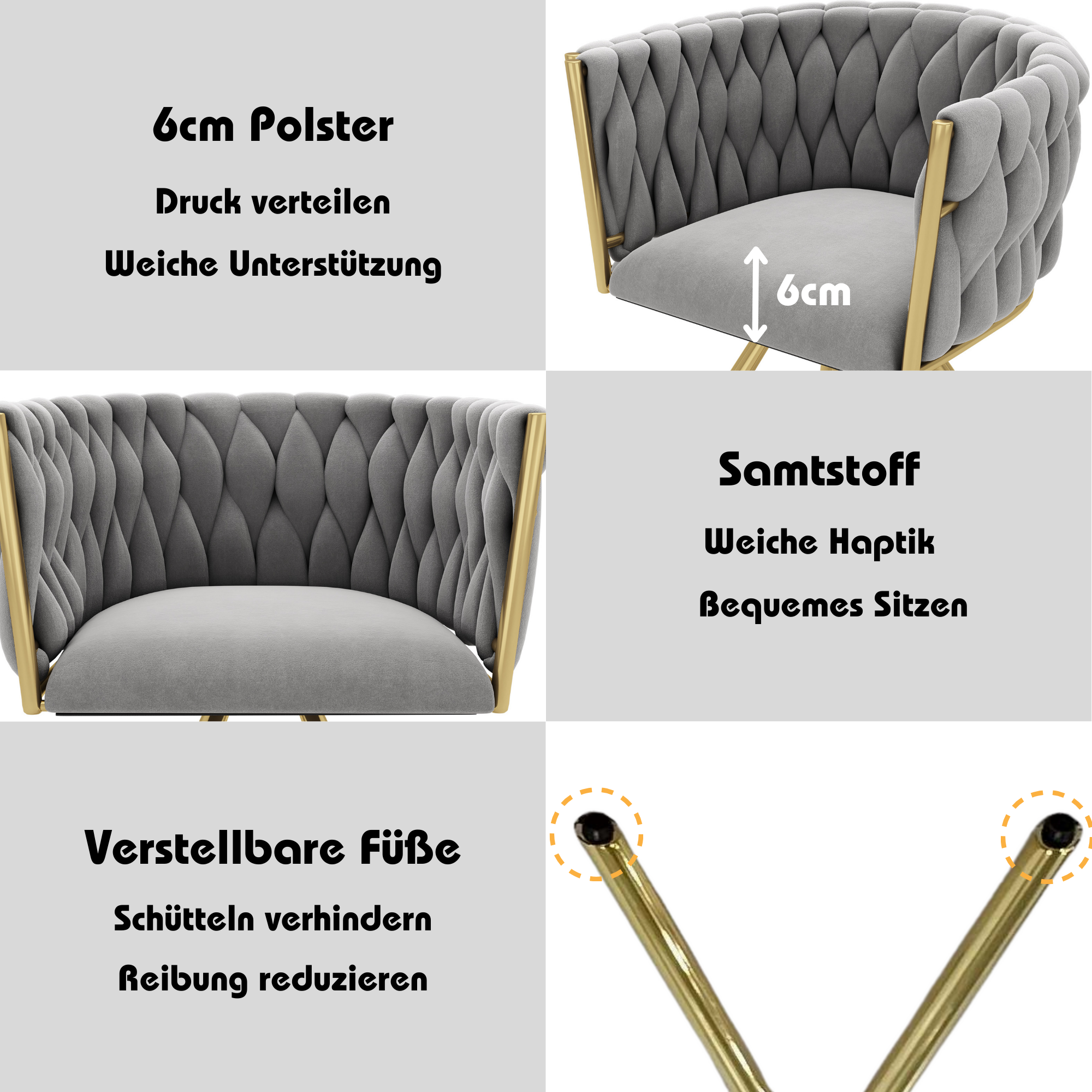 Velvet Dining Chair Set of 2 Swivel Metal Legs - Grey and Gold