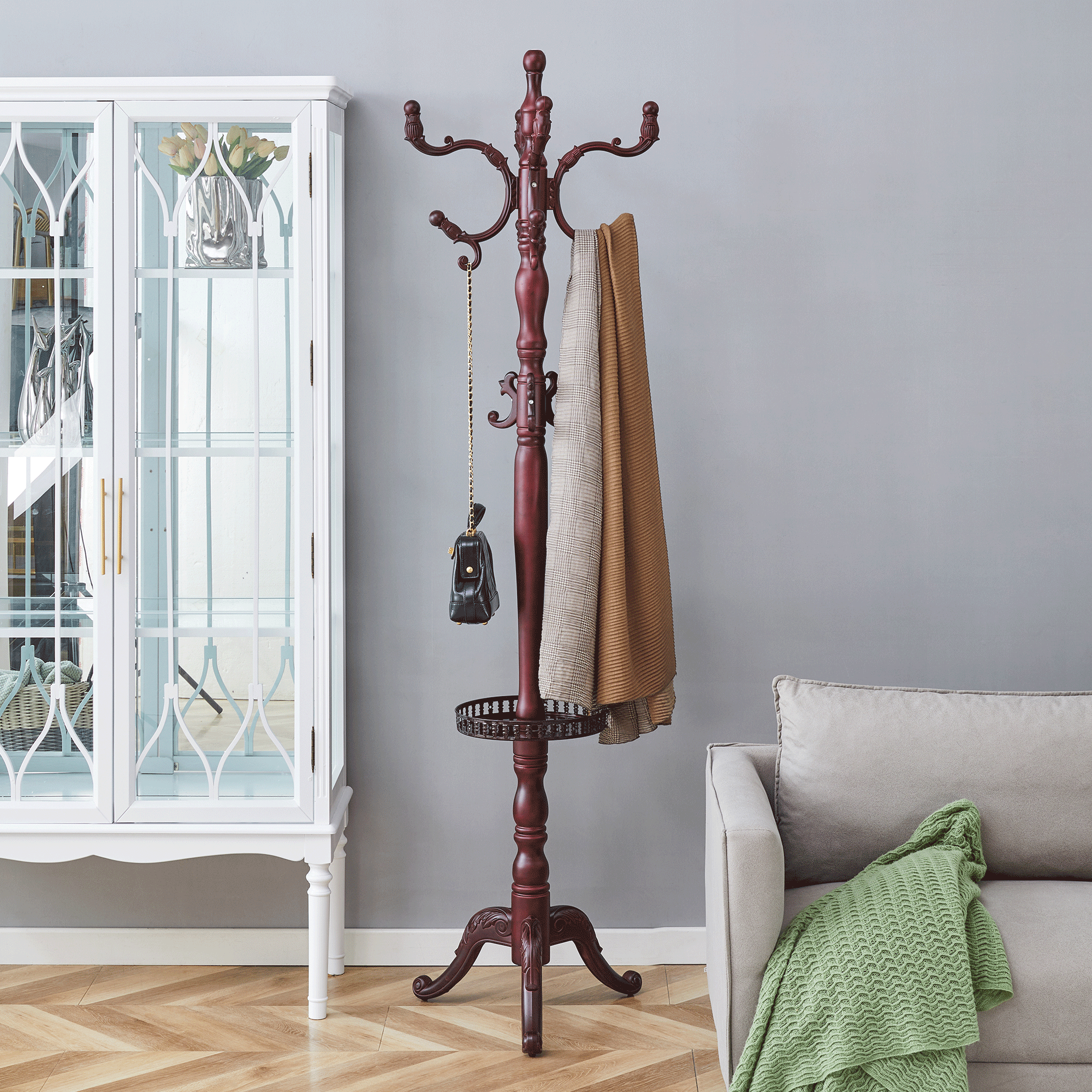 Clothes Rack Multi-Hook Freestanding - Solid Walnut Wood
