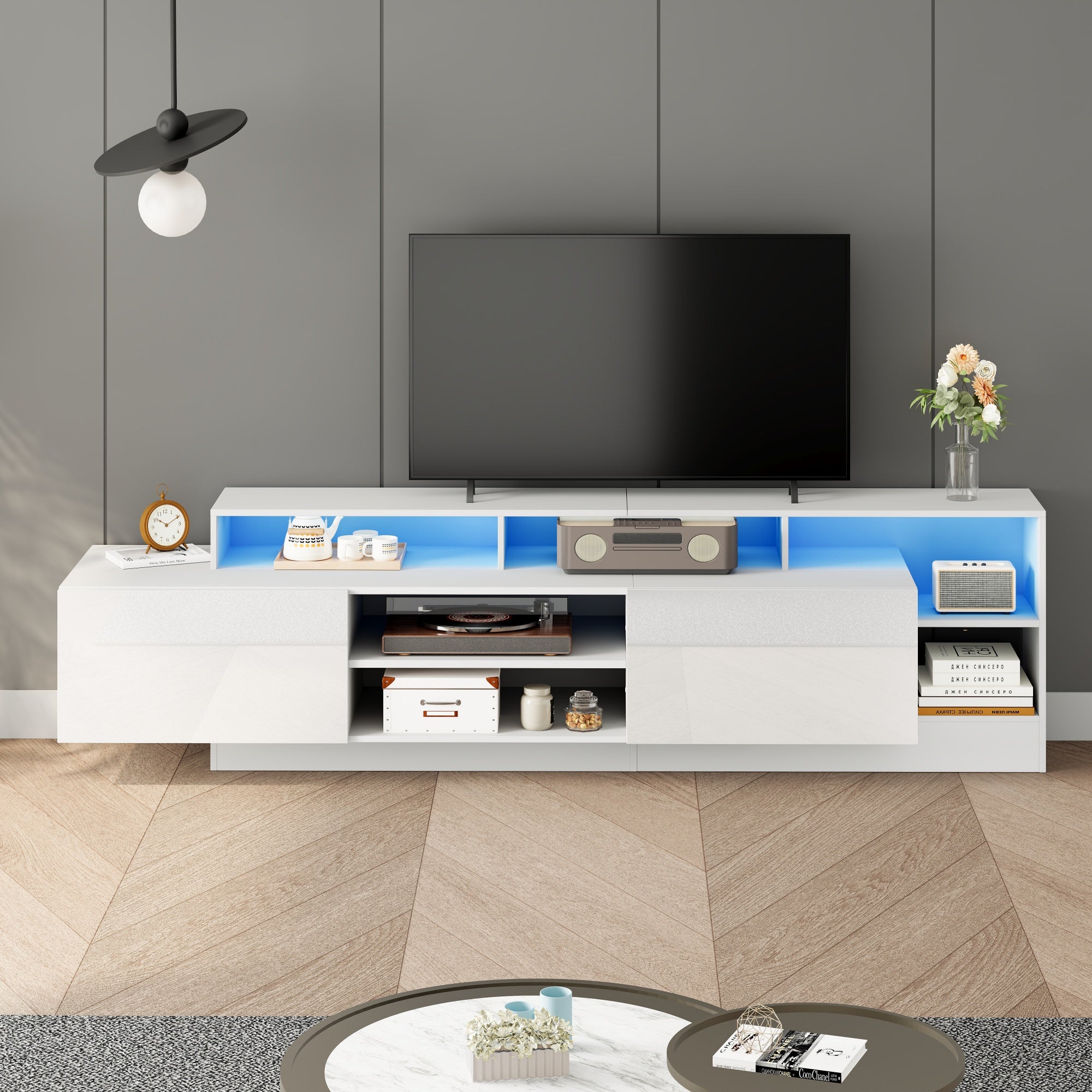 Modern TV Lowboard 190cm LED Open Storage for 70" TV - High-Gloss