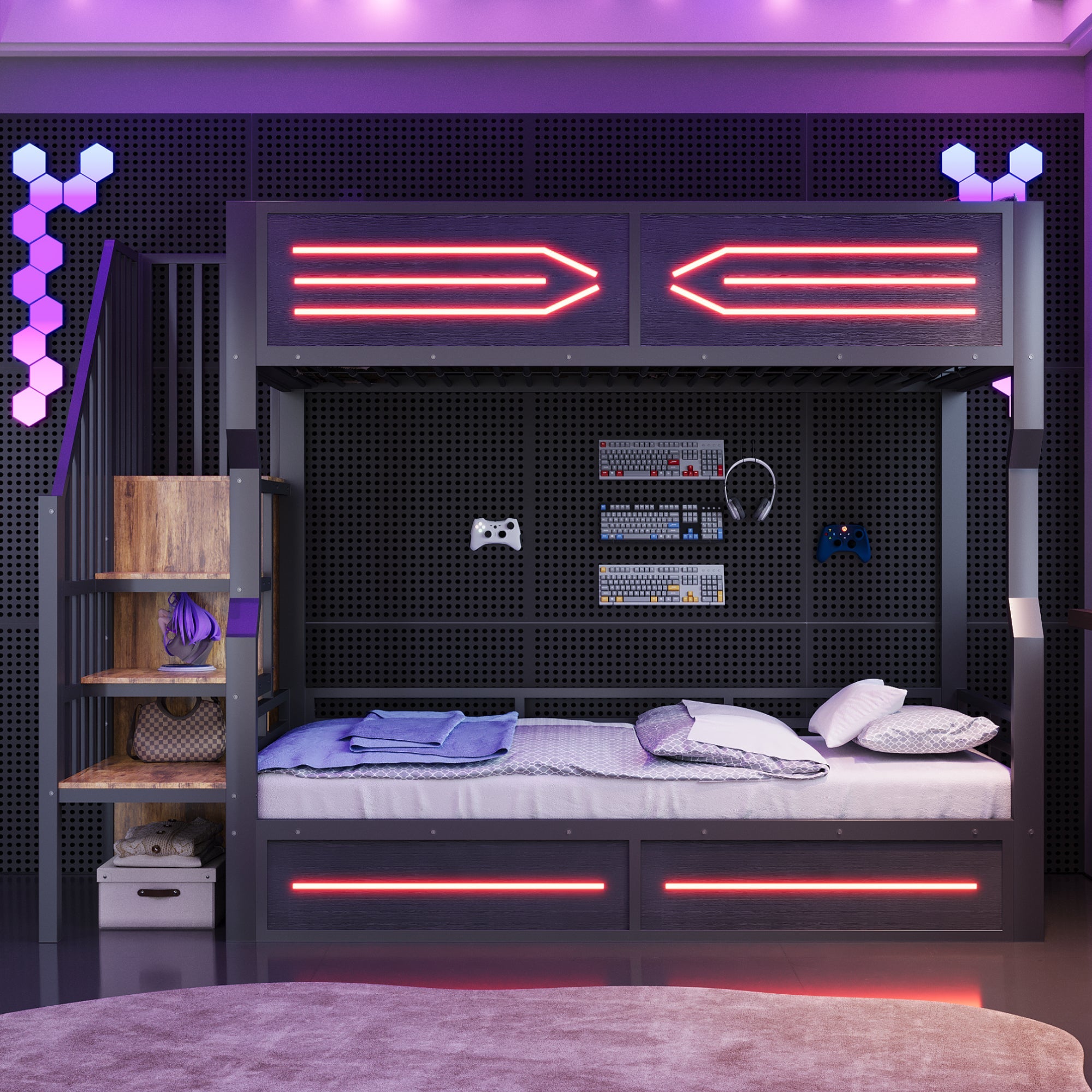 Loft Bed with Storage Stairs, LED Lighting and High Railing, 90x200cm, Black Iron