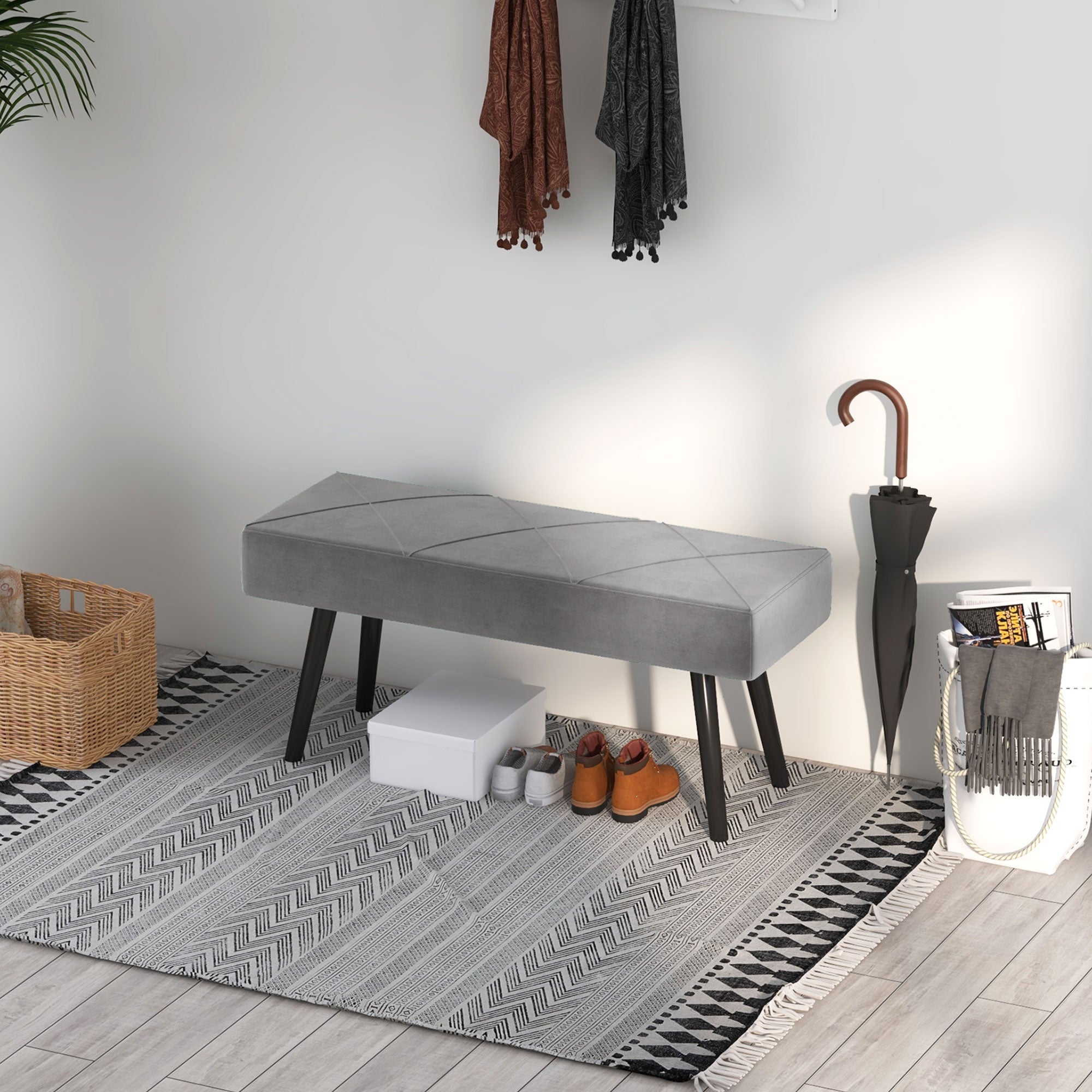 Upholstered Bench - Velvet Look, X-Pattern, 100x36x45 cm - Grey