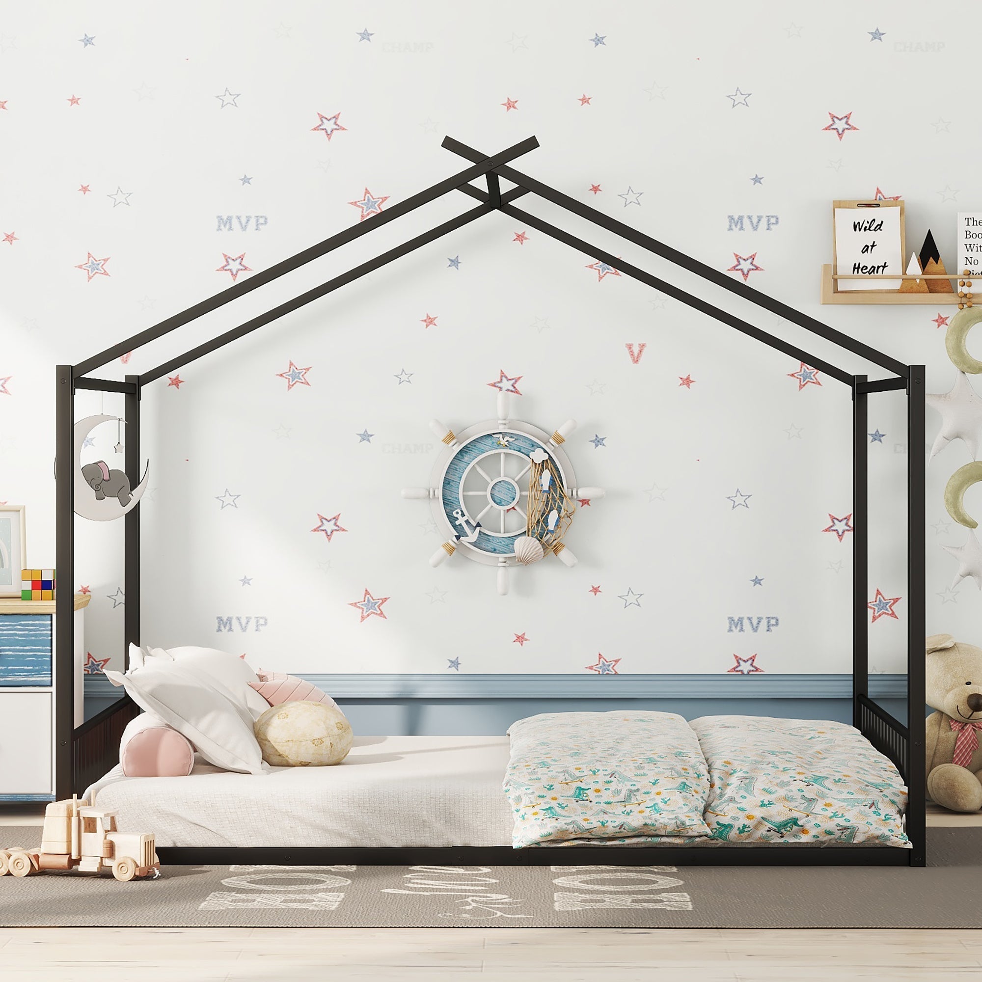 Children's Flat Bed 140x200cm House Rail Iron Frame Black