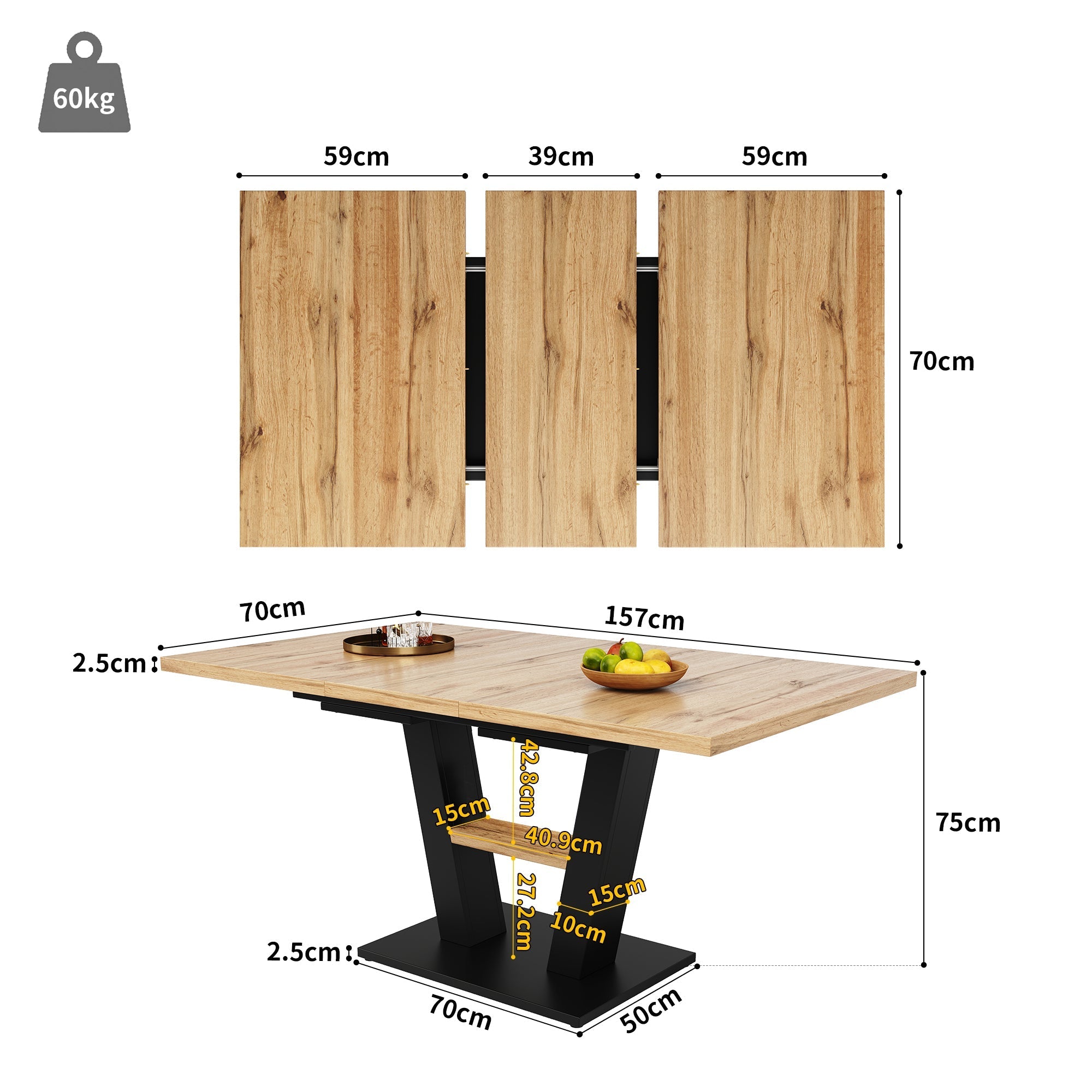 Extendable Dining Table, 118-157cm with Insert Leaves, Wood-Colored