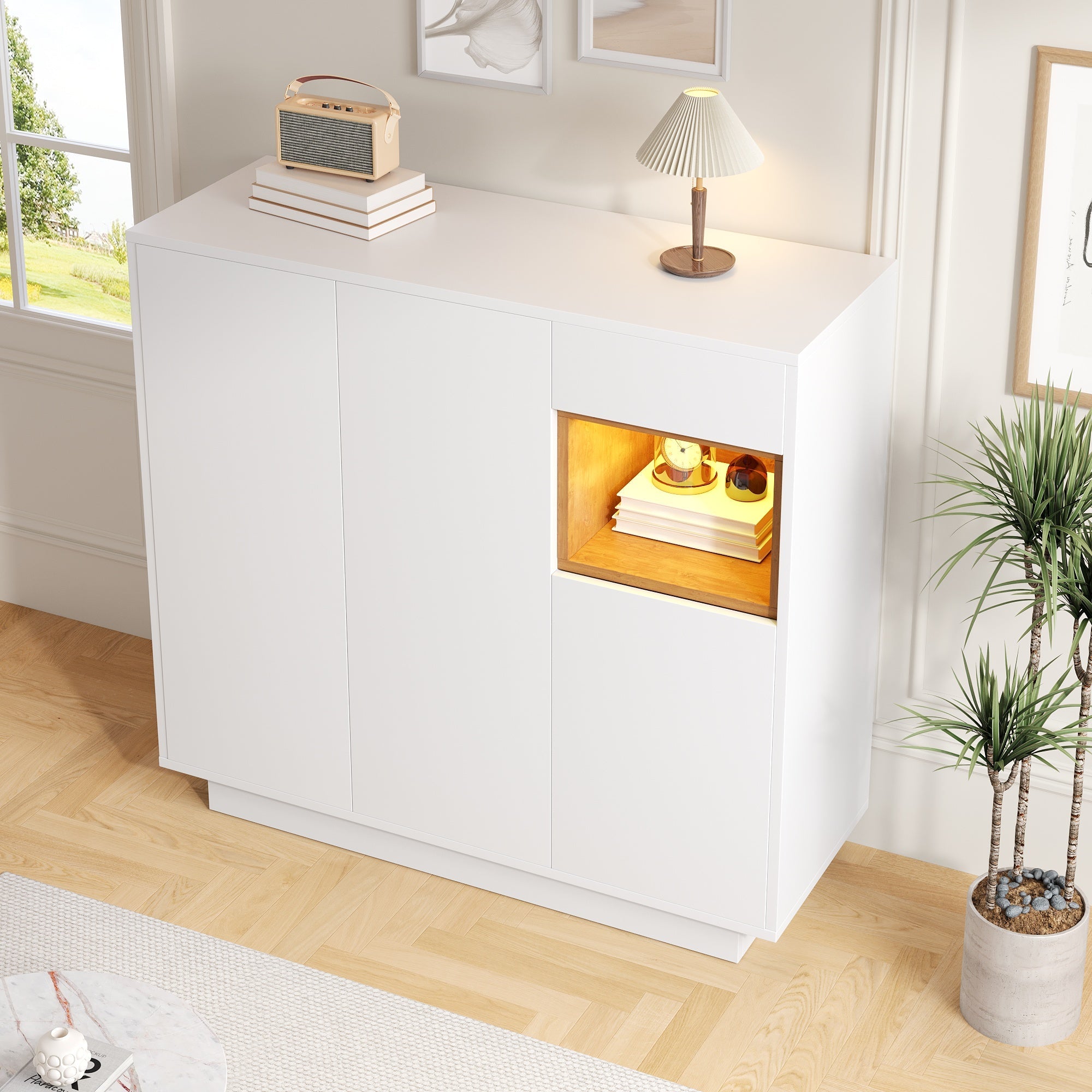 Shoe Cabinet with Adjustable Shelves for 14-18 Pairs, White and Natural Wood