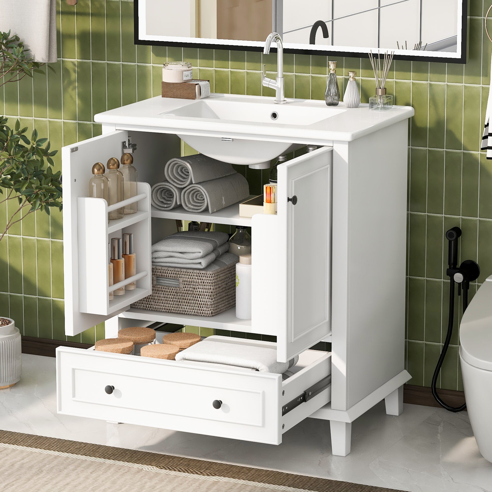 Bathroom Vanity Unit with Ceramic Sink and Solid Wood Legs, White