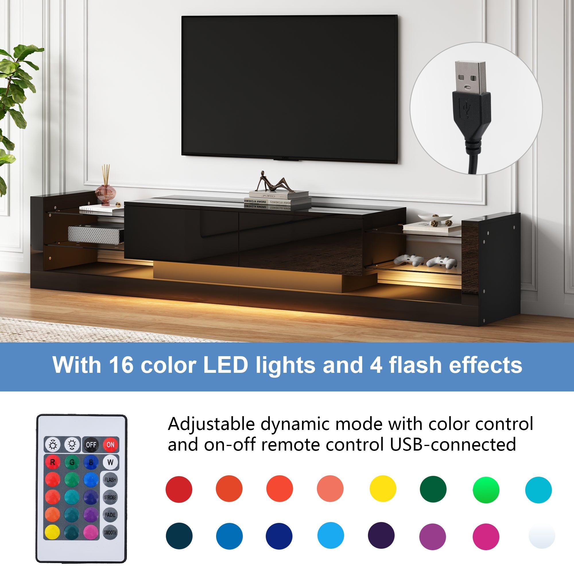 TV Cabinet, 181cm LED Lit, 80-inch Capacity, High-Gloss White