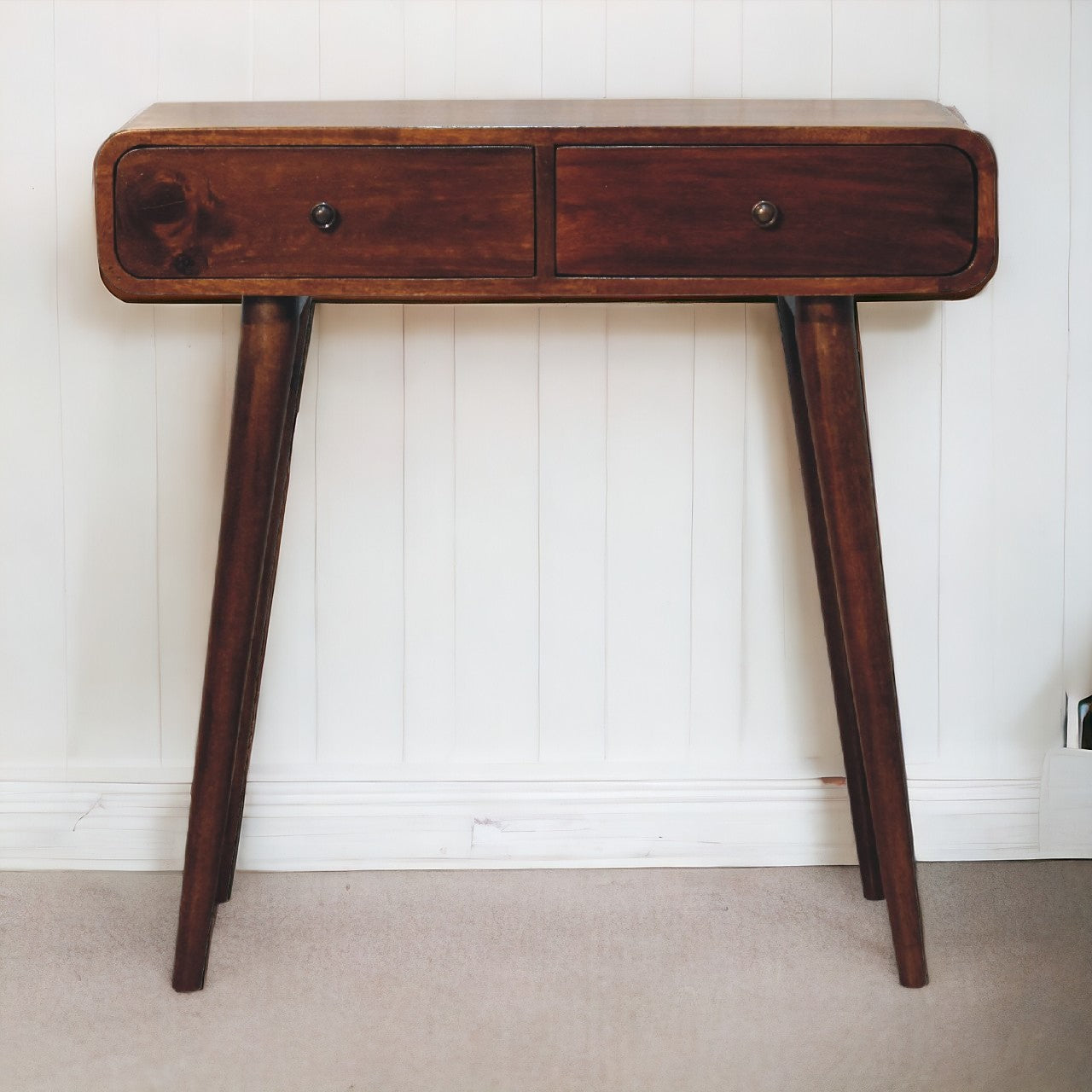 Solid Wood Curved Hallway Table, 2 Drawers, Chestnut/Dark Brown