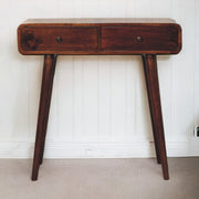 Solid Wood Curved Hallway Table, 2 Drawers, Chestnut/Dark Brown