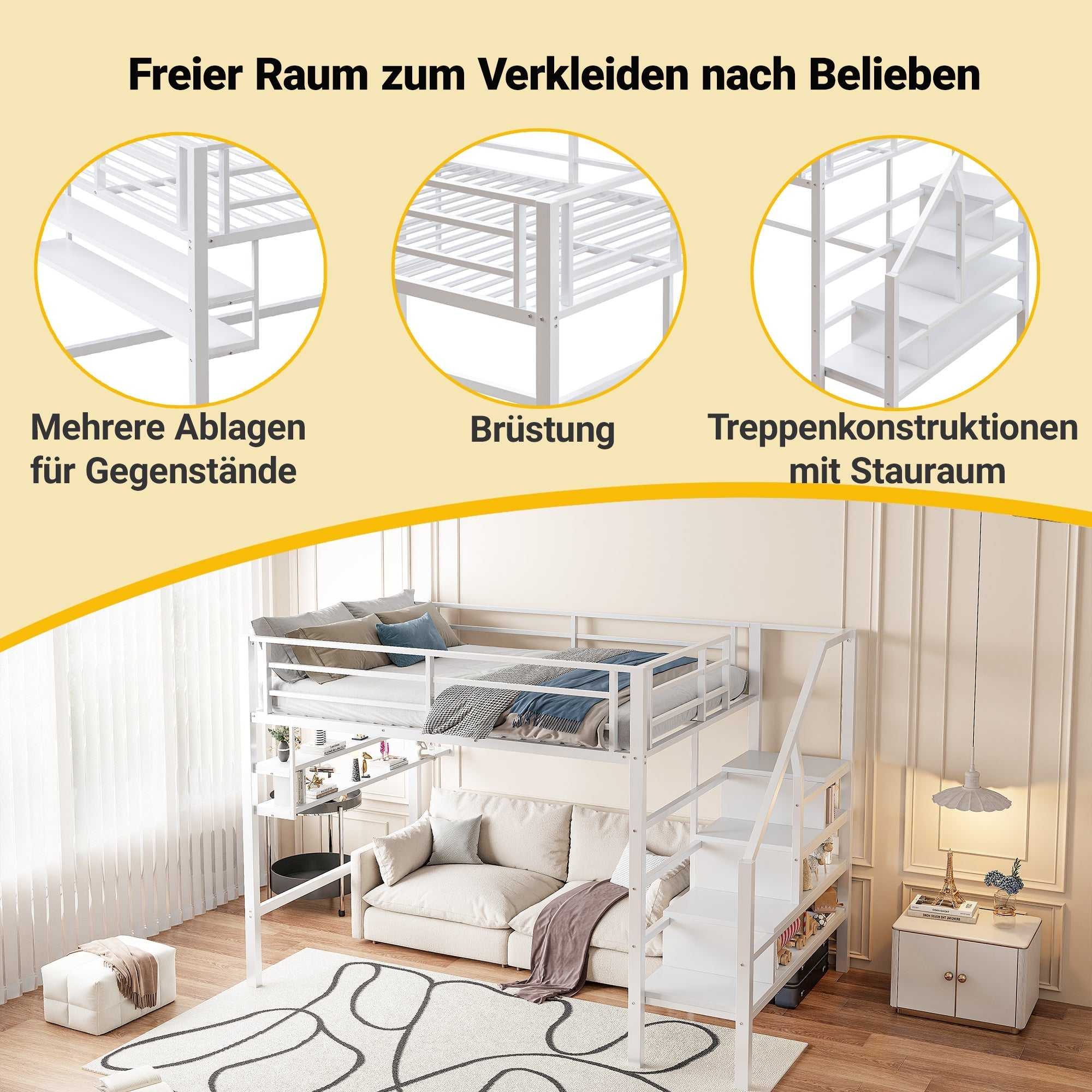 Loft Bed with Storage Ladder and Shelves, 140x200cm, White
