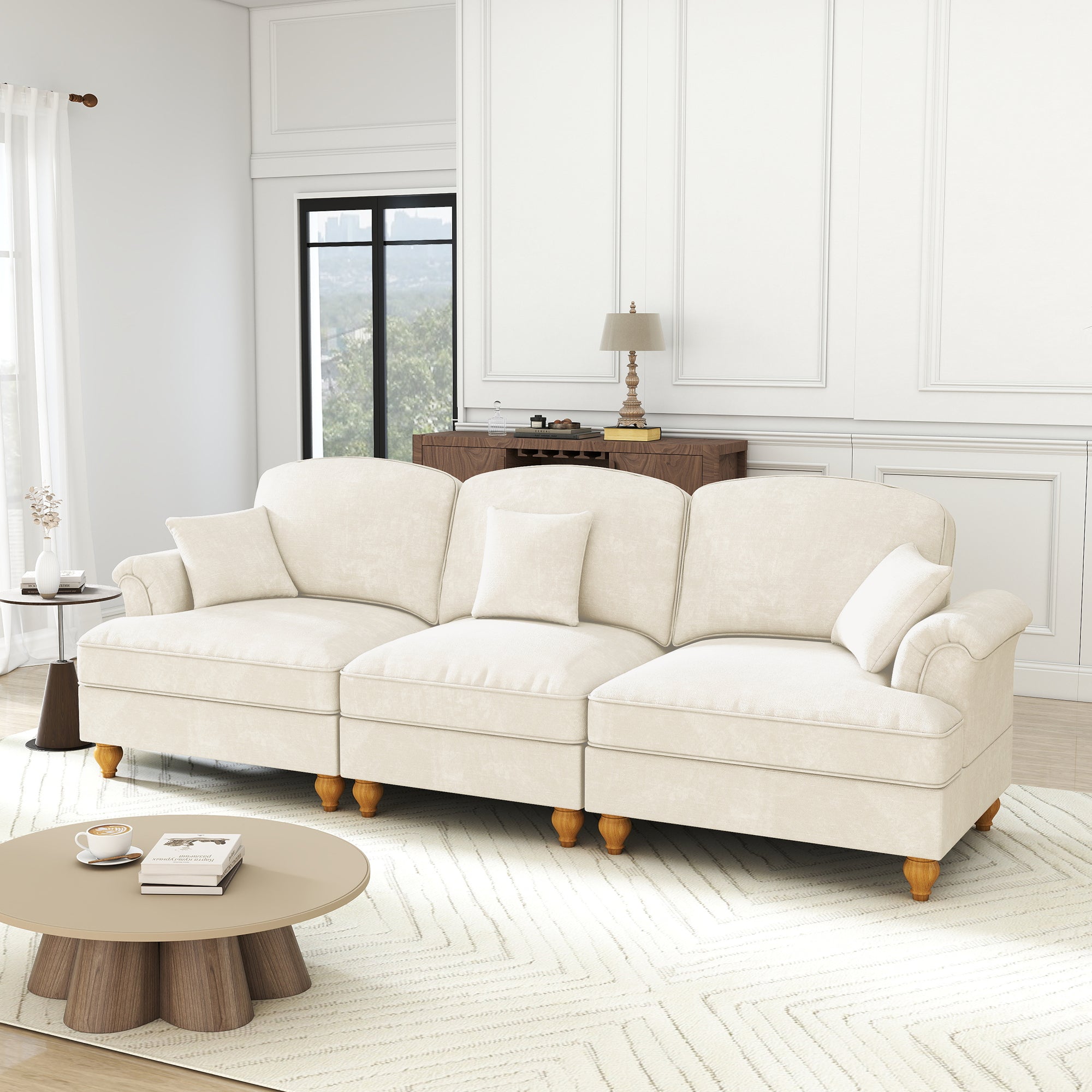 Mid-Century Sofa 3-Seater Funnel Armrests Ruffled Apron Chenille White