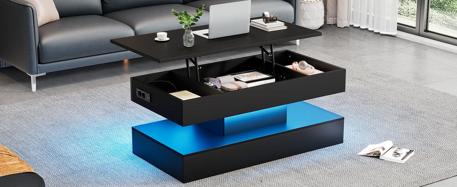 Modern Coffee Table with LED Lighting, Hidden Storage & Hydraulic Lift