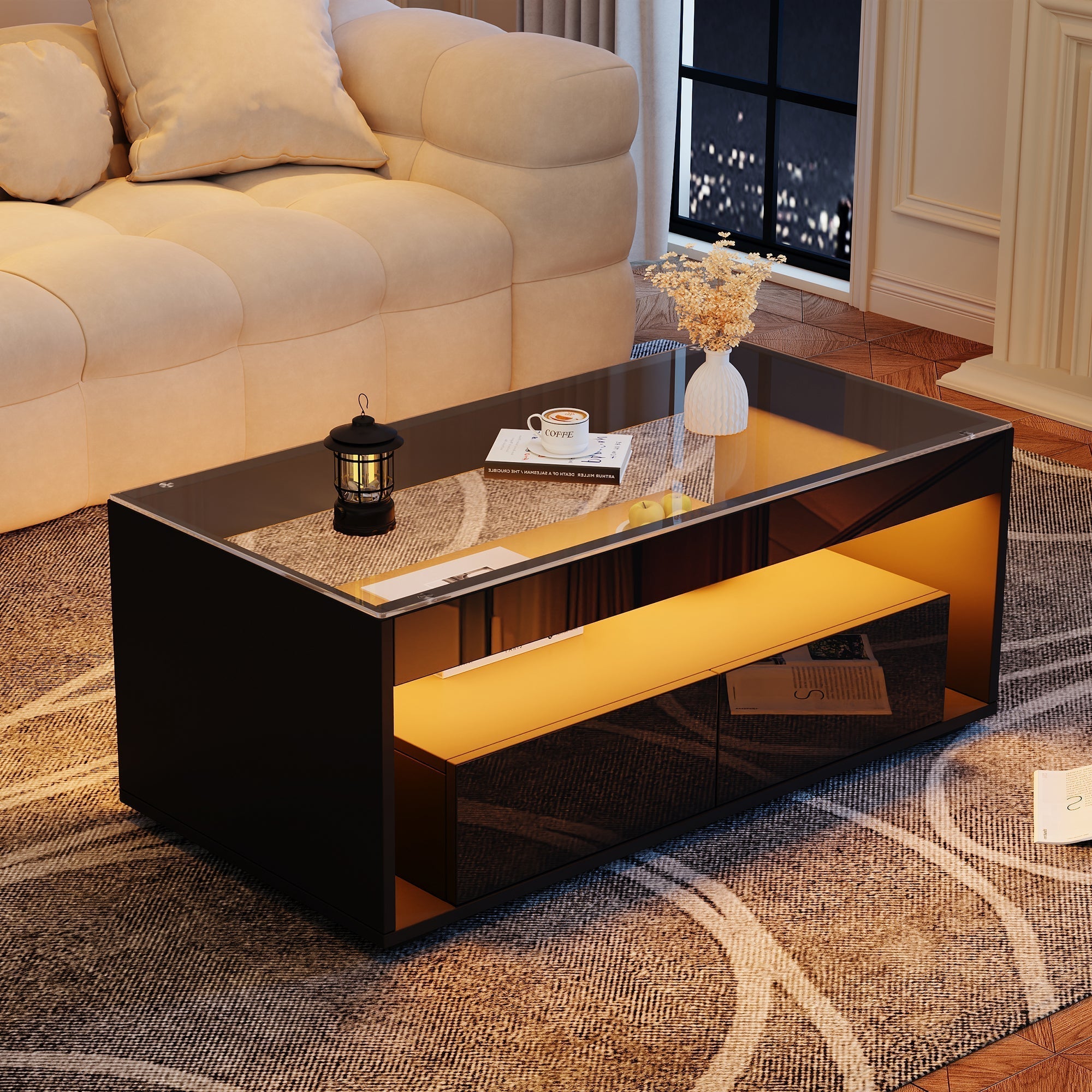 Modern Coffee Table, 16-Color LED Light, 2 Large Drawers, High Gloss, Black