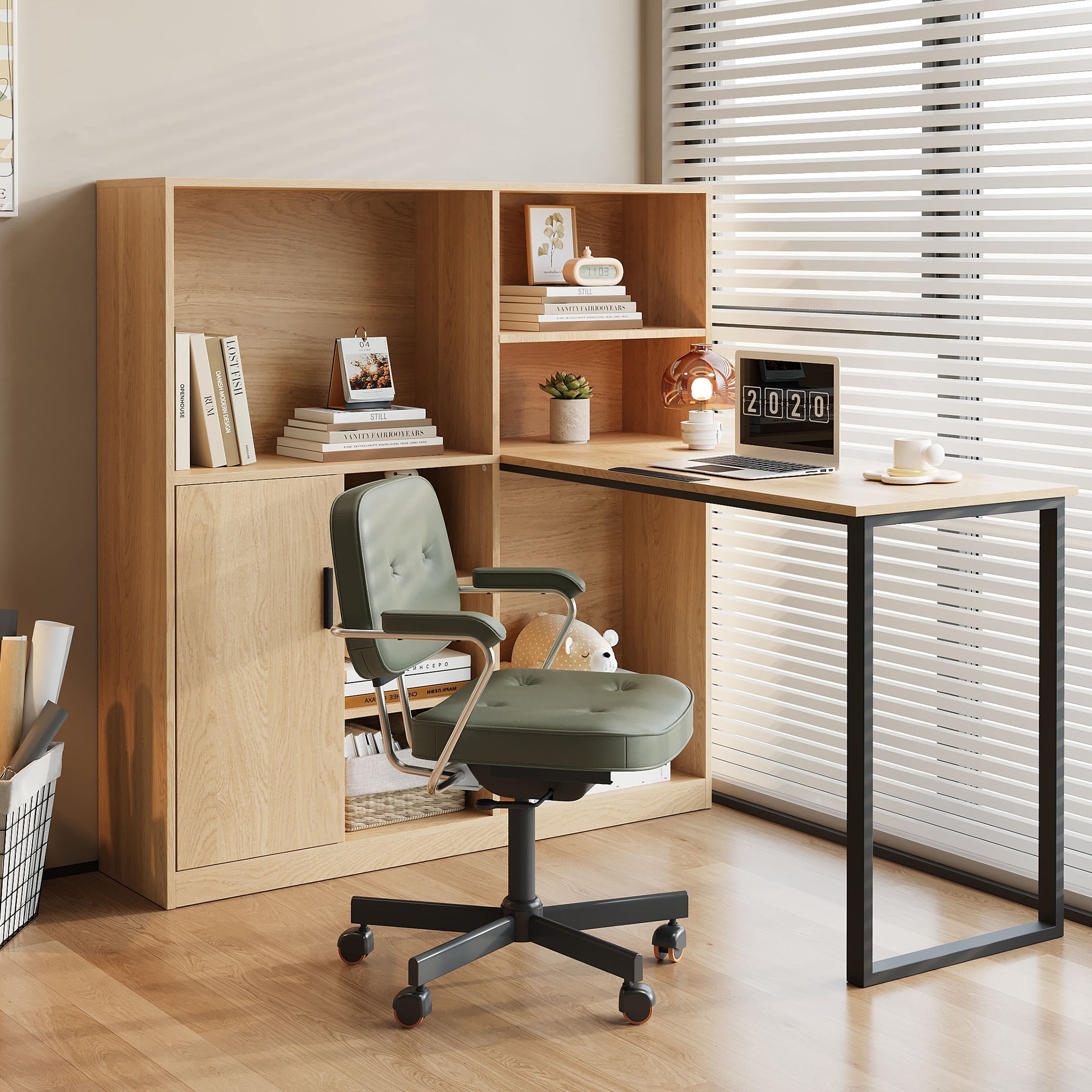 Computer Desk, Shelf & Cupboard, Work Table, Natural 120cm