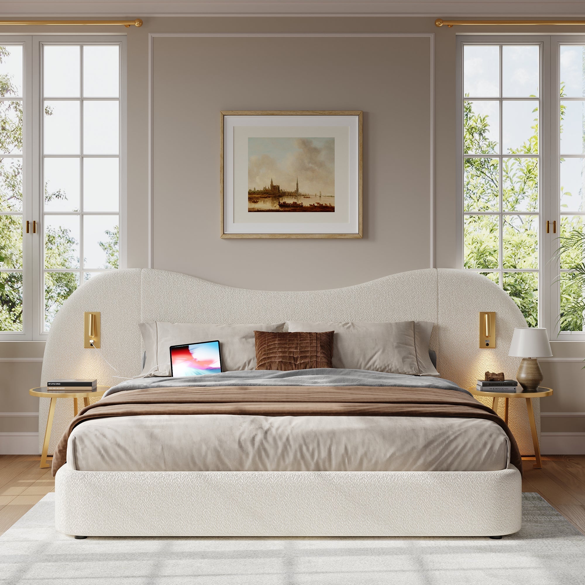 Upholstered Double Bed 180x200cm Hydraulic Storage USB Reading Lamp White Bouclé