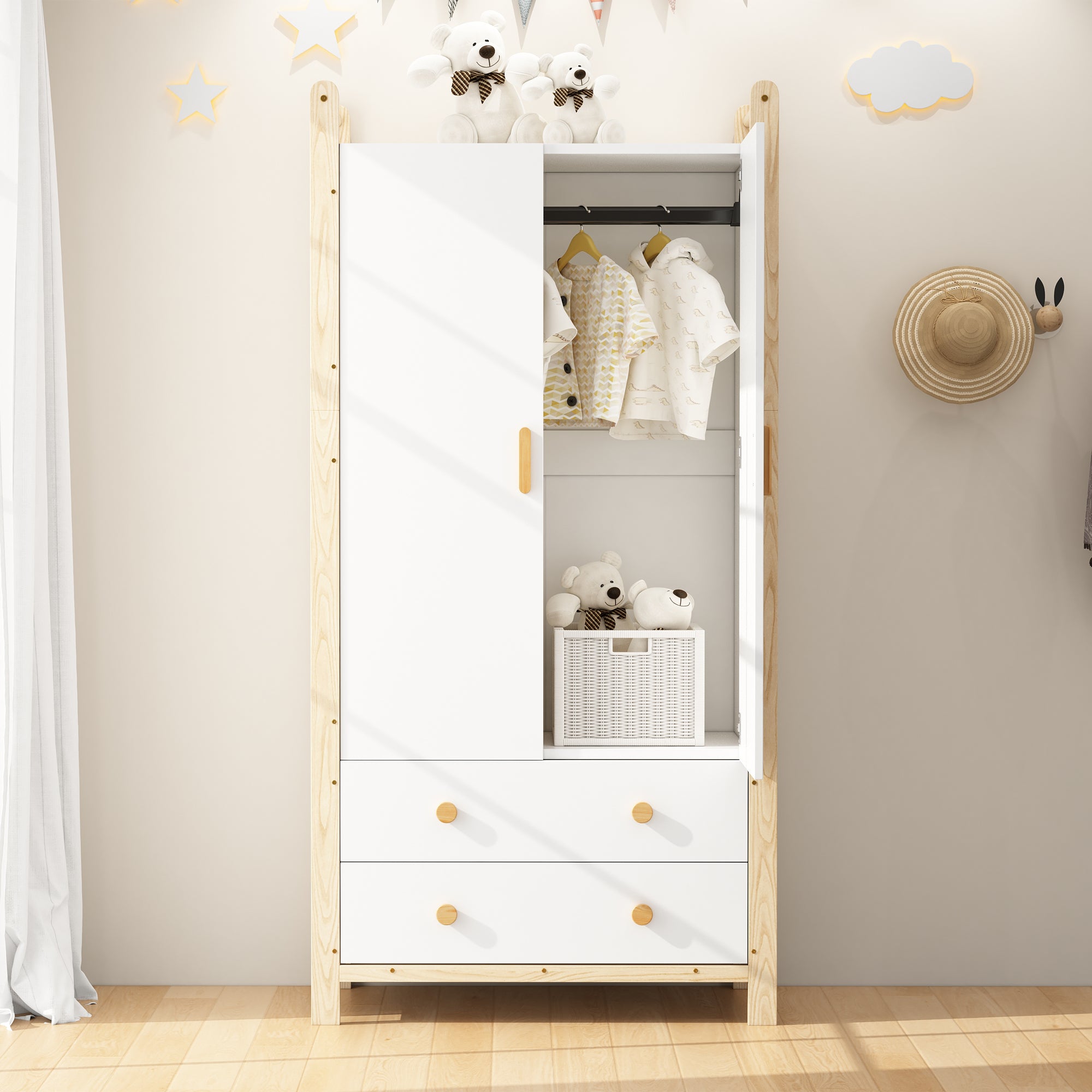 2-Door Wardrobe with Clothes Rail & 2 Drawers, 90x45x180 cm - White/Pine