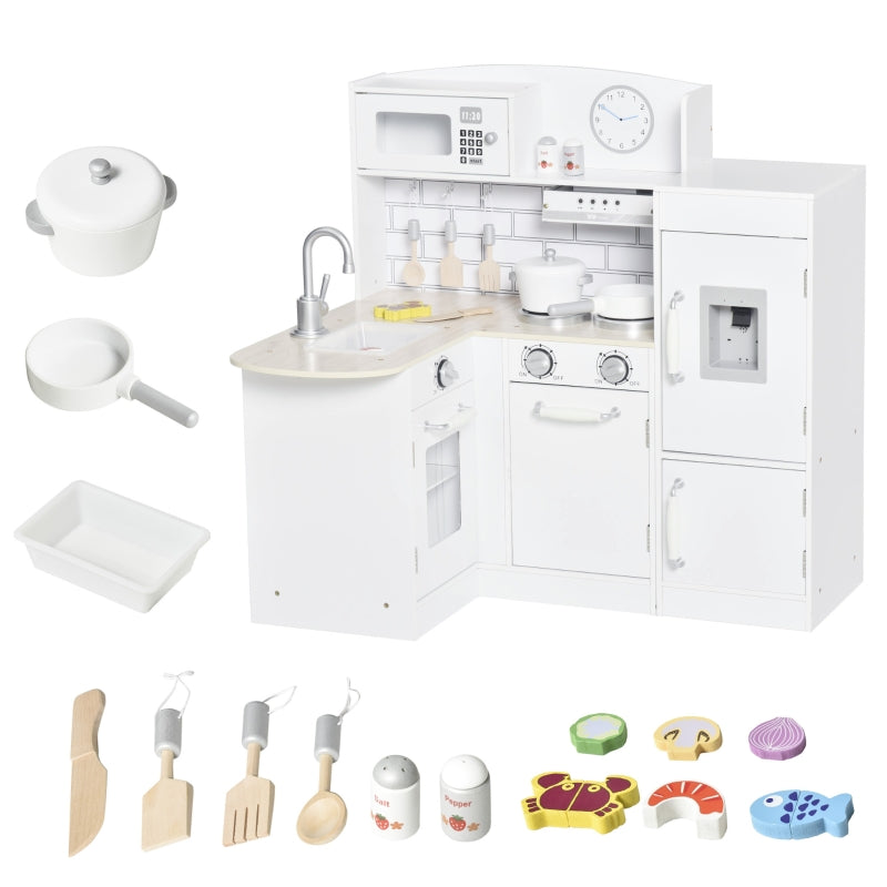 Kids Play Kitchen: Wooden Toy Cooking Set with Drinking Fountain, Microwave, Fridge - White
