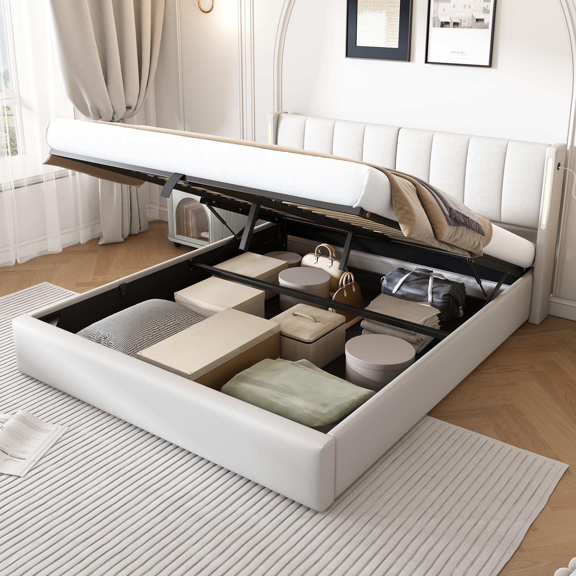 LED Upholstered Bed, King 5ft Hydraulic Storage with USB and Adjustable Headboard, White PU