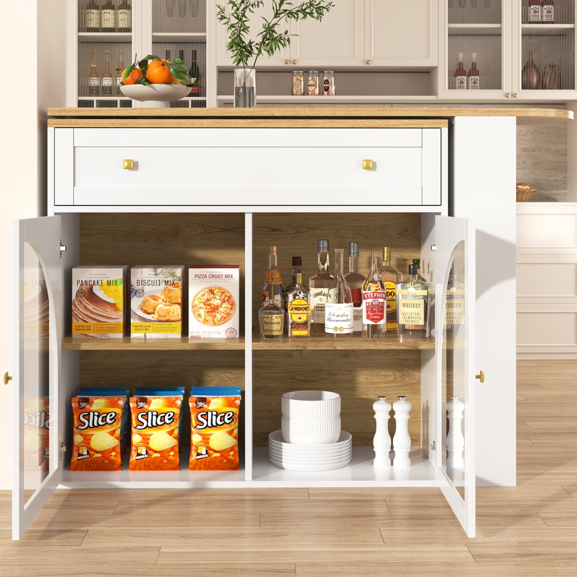 Bar Table Extendable 360° Rotating Storage with Shelves & Glass - White