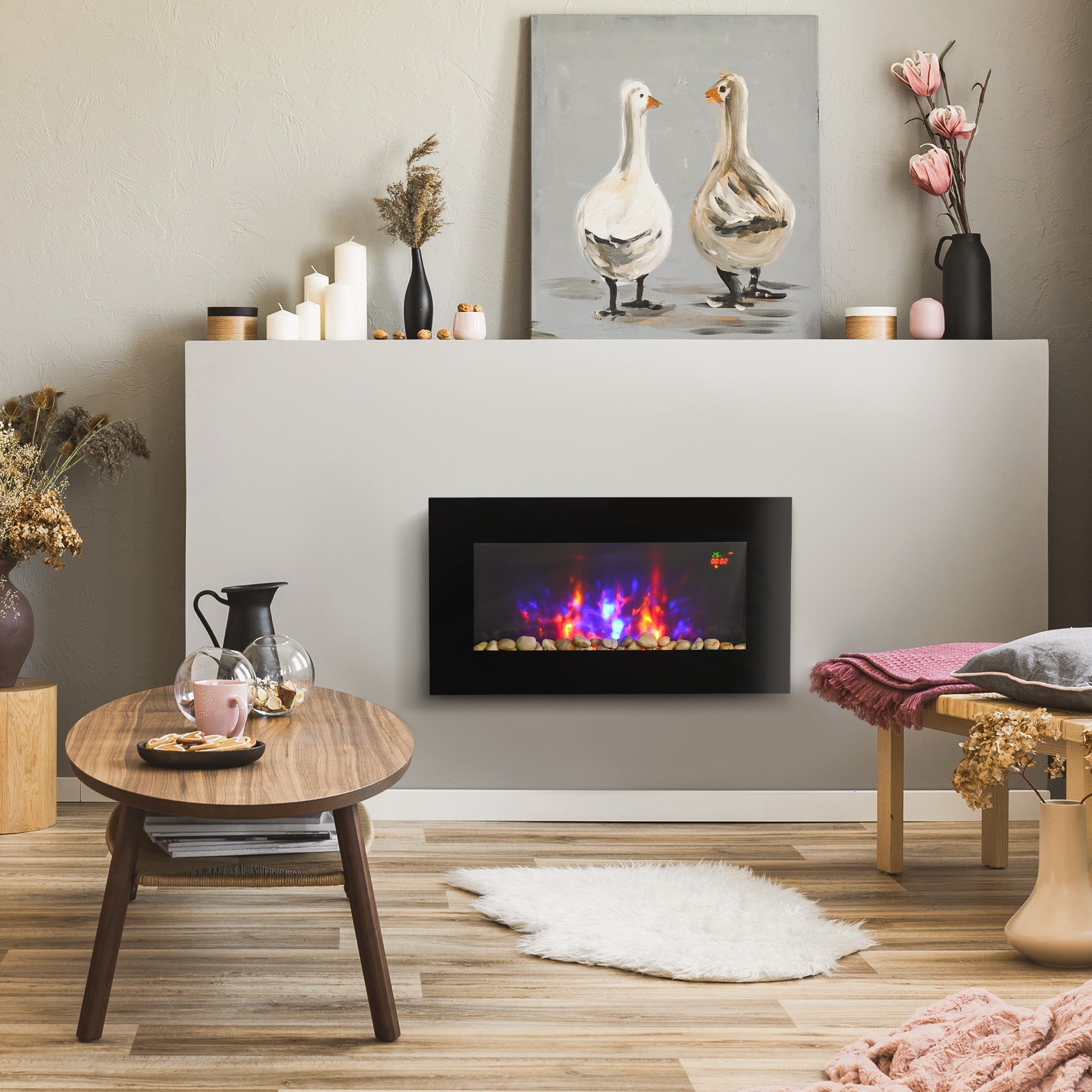 Electric Fireplace, LED Flame Effect 1000/2000W 7 Colors Remote Control Wall-Mounted, Black