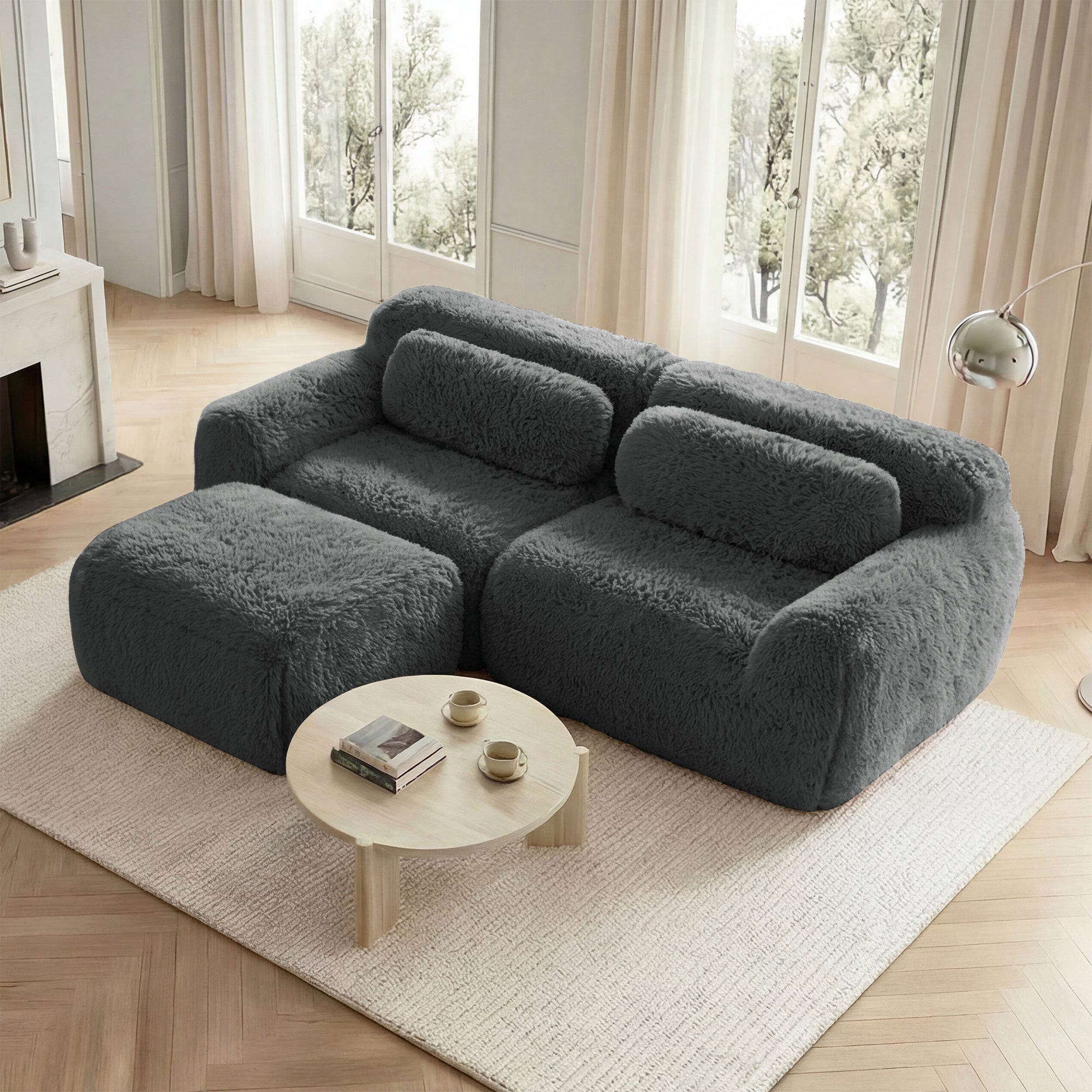 L-shaped 2-Seater Sofa, Modular Plush Fabric, Grey