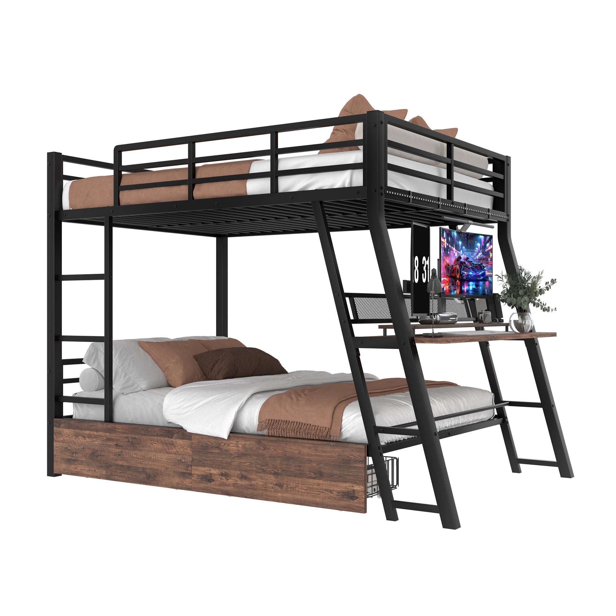 Loft Bed with Desk, LED Strip and Storage Drawers, Black Iron Frame