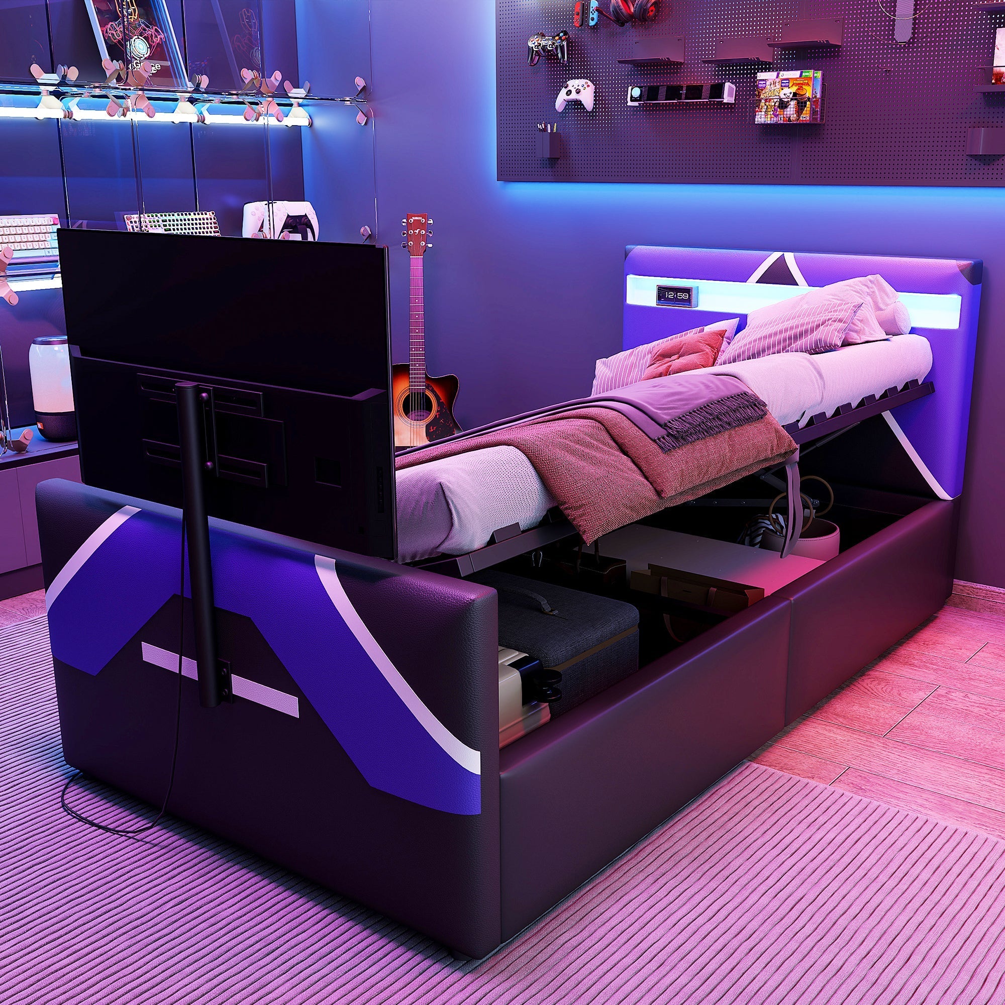 Multifunctional Gaming Bed with LED Lighting, Storage and TV Mount, PU Leather