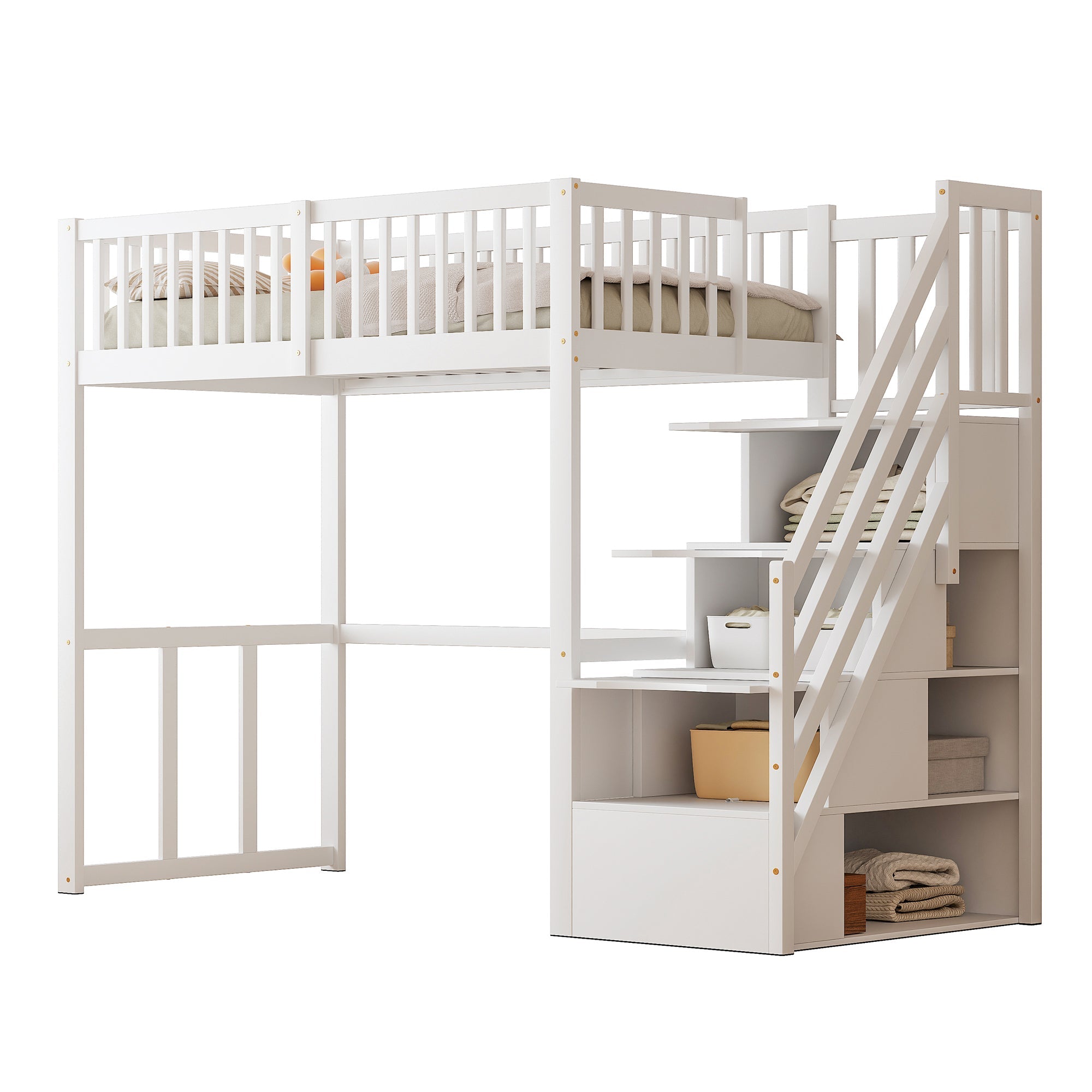 Loft Bed with Safety Storage Ladder, 90x200cm, White Solid Pine Wood