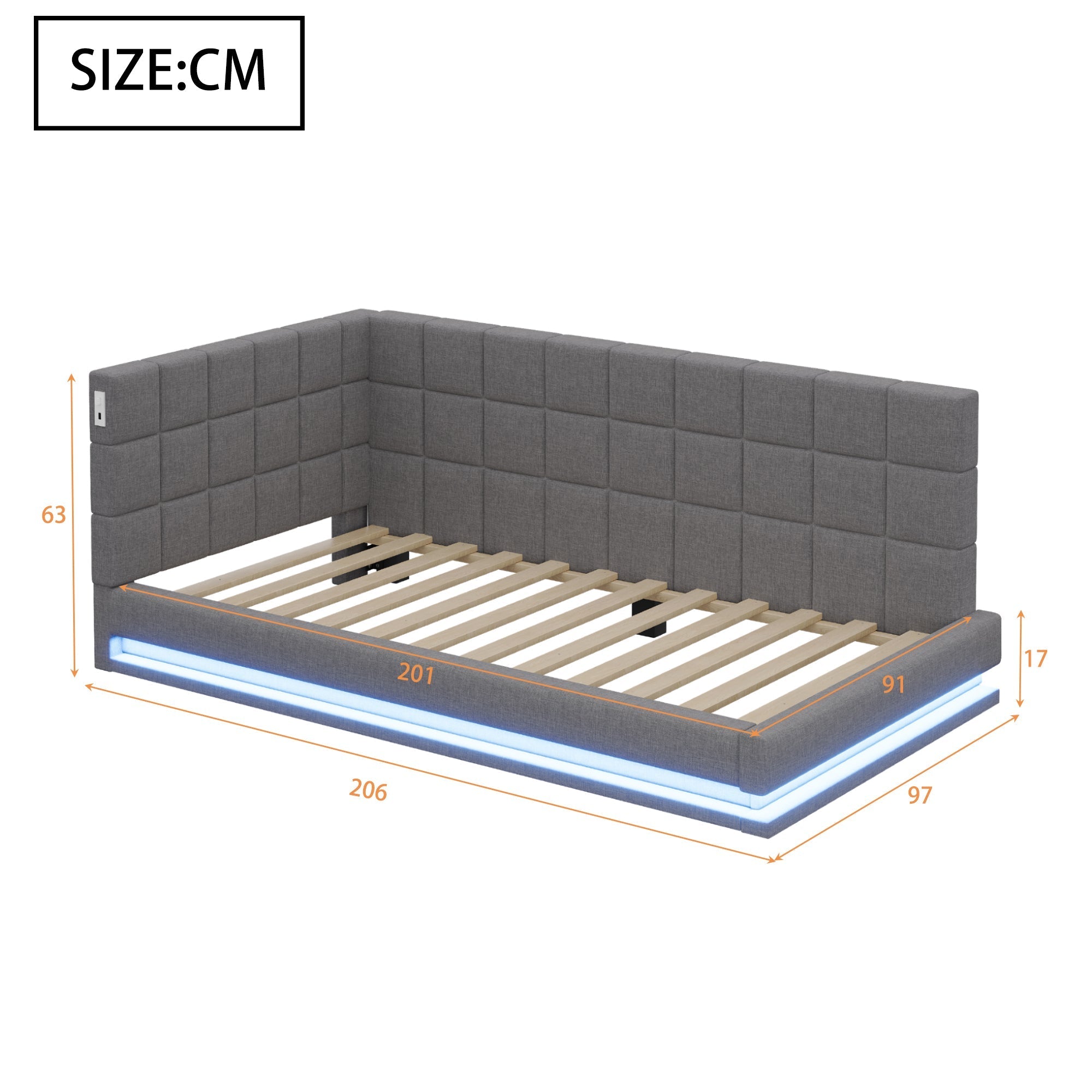 Upholstered Bed Sofa, 90x200 Multifunctional with LED & USB, Linen Fabric Grey