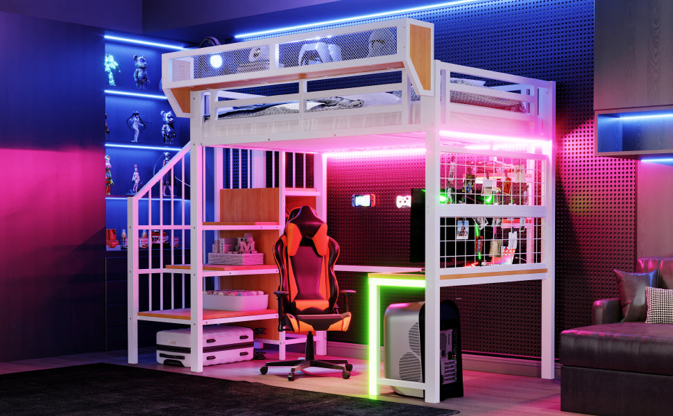 Metal Loft Bed with Desk, Shelf, LED and Socket, 90x200cm, White Metal