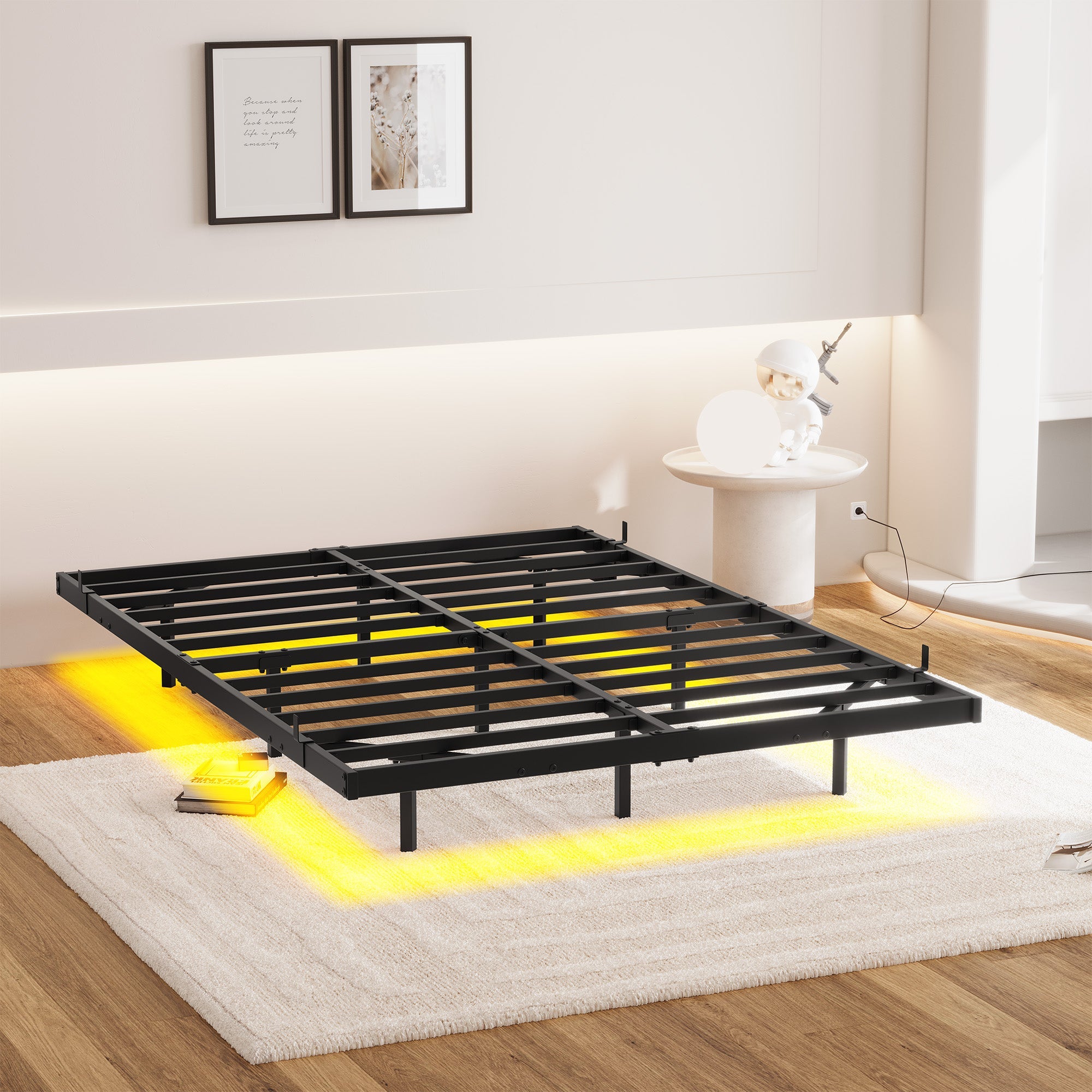 Floating Bed Frame 120x200cm LED Charging Station Metal - Black