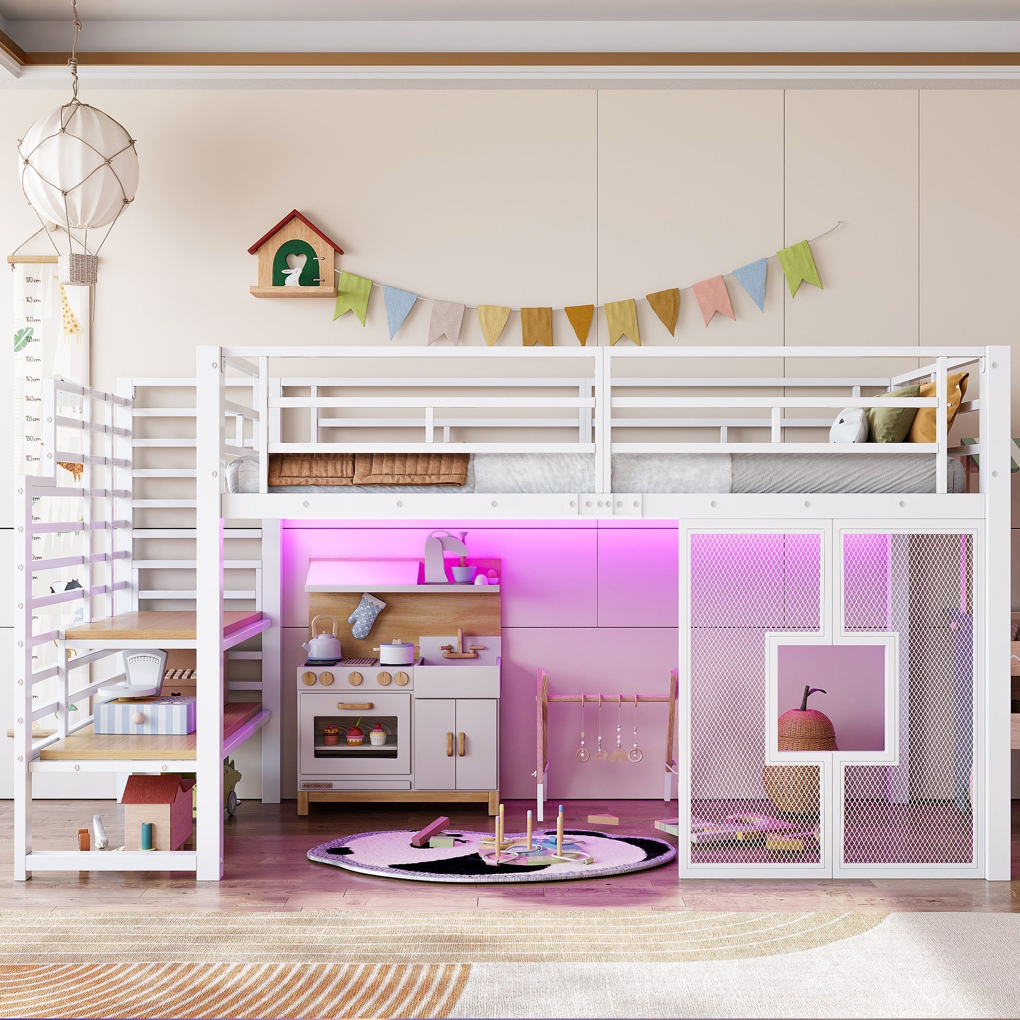 Metal Loft Bed Frame 90x200 cm with Stairs Storage and LED Lighting, White