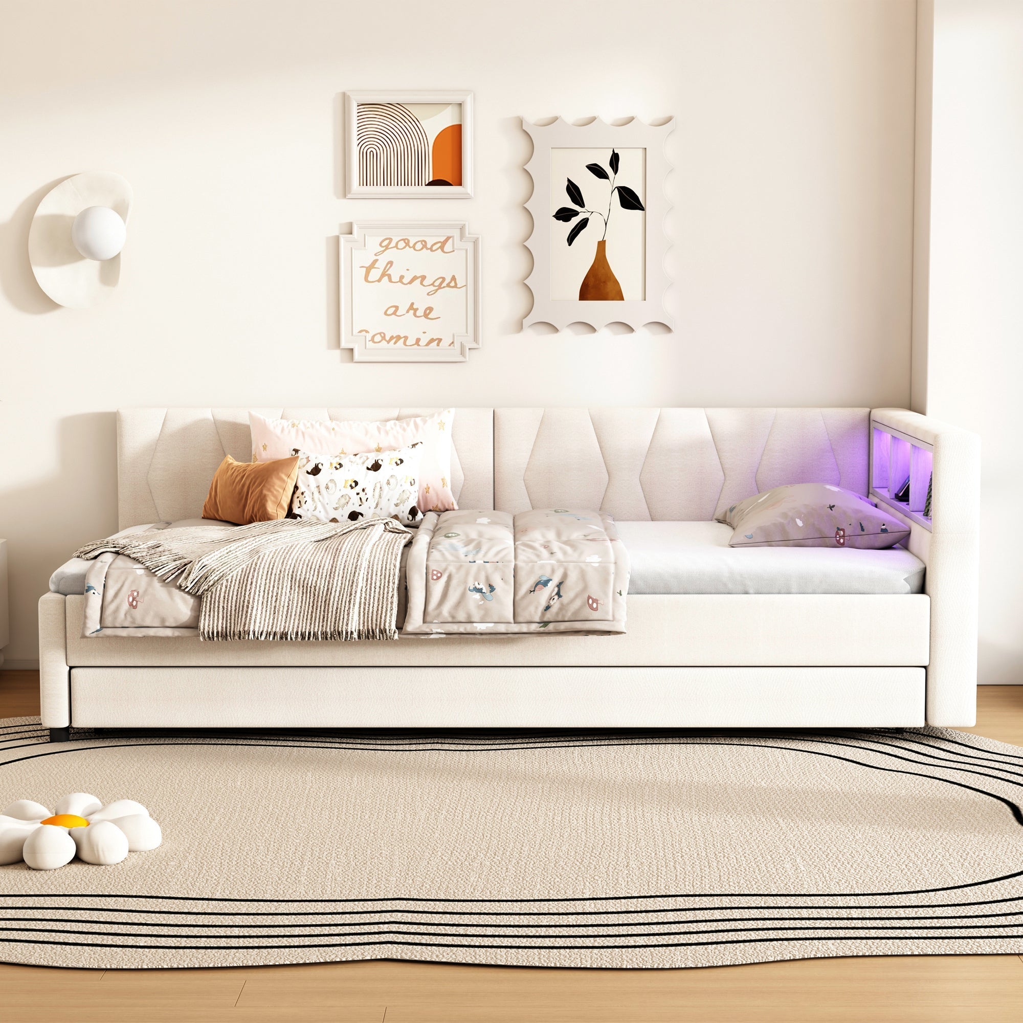 Daybed Sofa Bed 90x200cm Pull-out Bed Storage LED USB/Type-C - Linen Beige