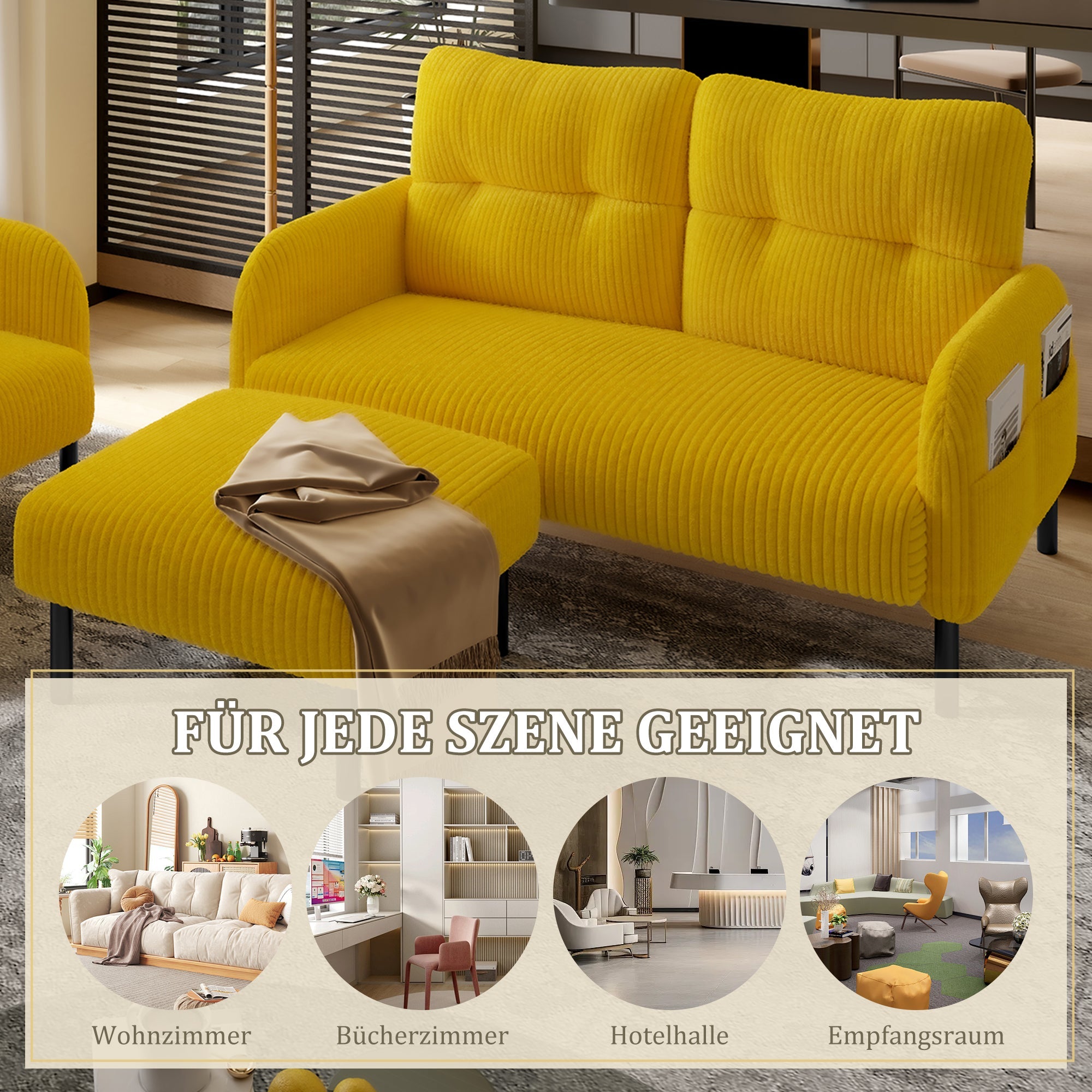 Cord Modular 3-Piece Sofa Set, Armchair Footstool 2-Seater, Deep Seat Tubular Steel Frame, Mustard Yellow