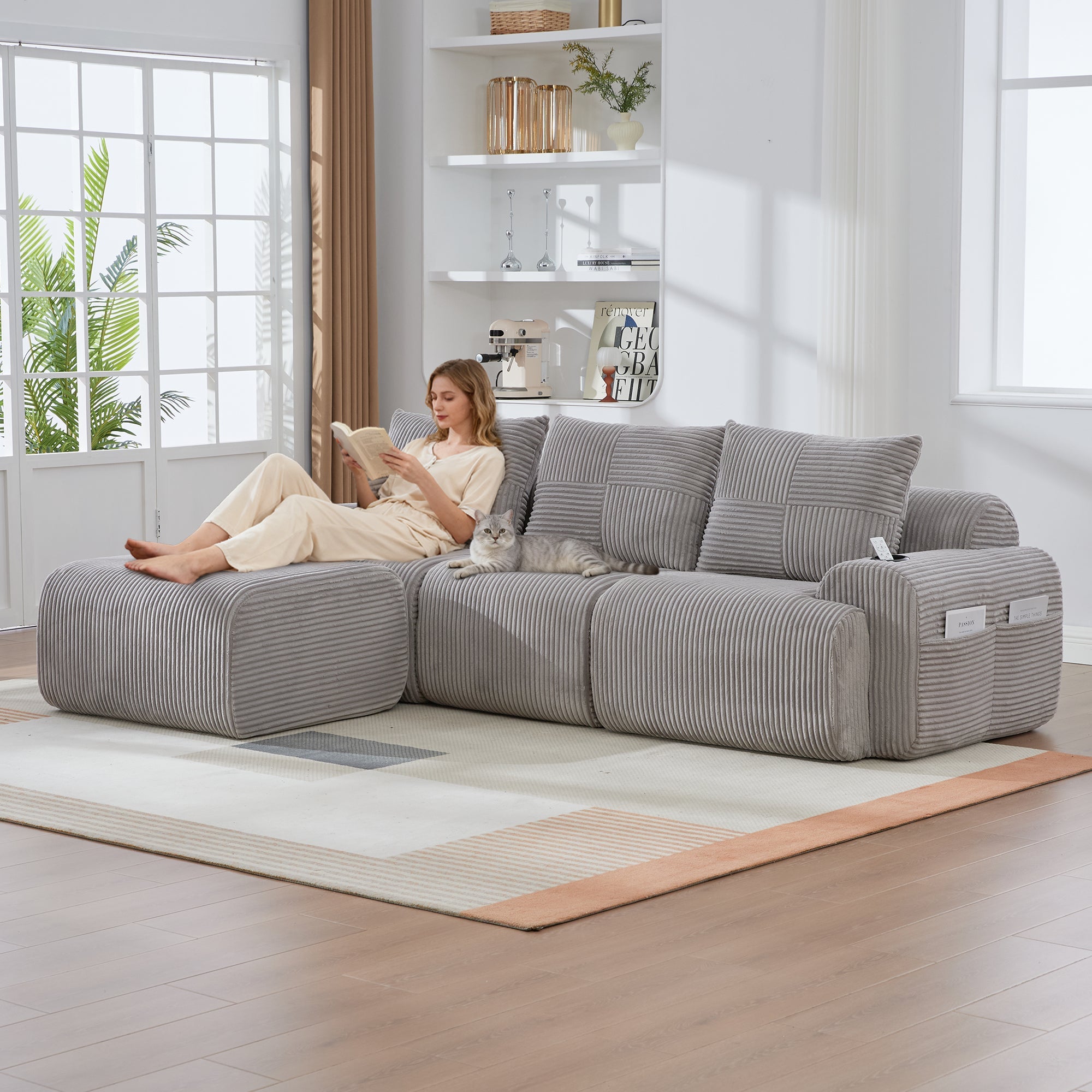 3-Seater Modular Corduroy Sofa with Ottomans, Cup Holders and Storage, Light Grey