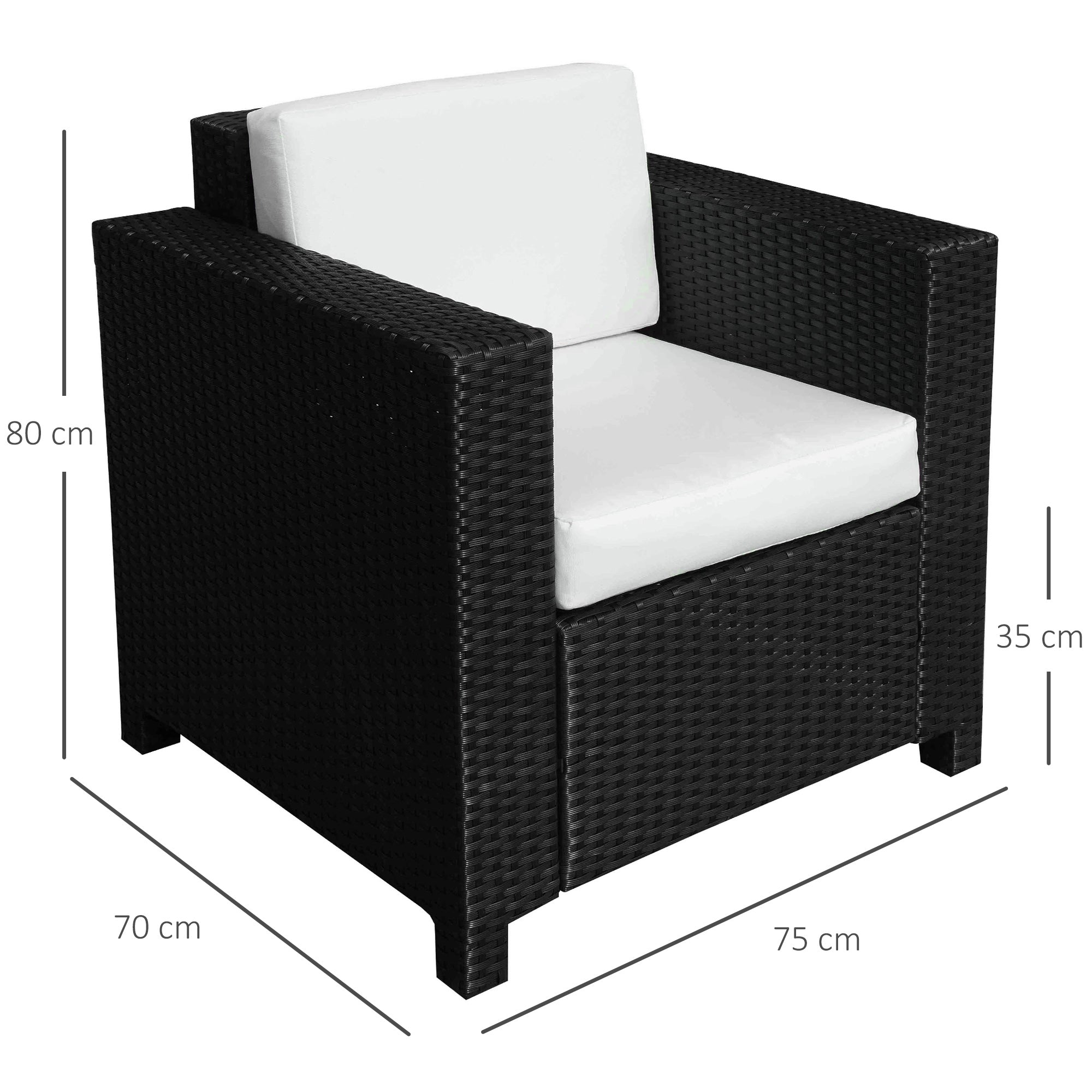 Single Seater Rattan Chair Sofa 10cm Padded Cushion All-Weather PE Wicker, Black